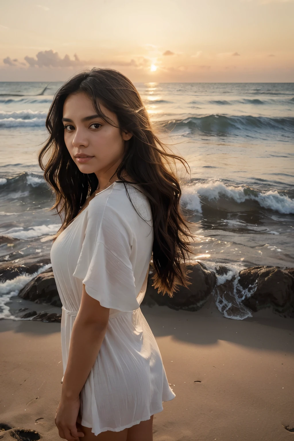 8k, highest quality, ultra details, hispanic A photorealistic image showcases a hispanic girl with a serene expression, her wavy black hair cascading down her back. She stands on a picturesque beach at sunset, with waves gently crashing against the shore. The girl wears a flowing, ethereal white dress that billows in the breeze. The camera captures her from a distance, allowing the viewer to appreciate the vastness of the beach and the vibrant colors of the sunset. Perfectly framing the girl against the stunning natural backdrop. The lighting soft and warm, casting a golden glow on the scene. This image captures the tranquility and beauty of the girl's connection to nature.