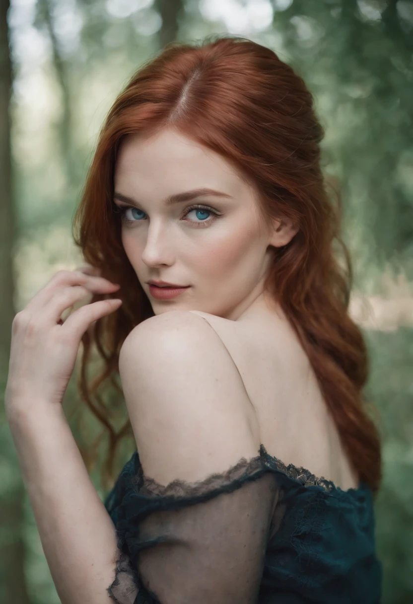 an attractive woman with blue eyes and red hair, detailed facial features, feminine curves, soft-focus portrait, emotive faces, in the style of dark teal and light teal, scoutcore, underexposure, studio light, busty --ar 3:4