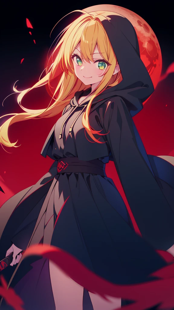 1 person、blonde、green eyes、wavy hair、smile、Big sickle、blood return、grim Reaper、black dress、hood、Red Moon