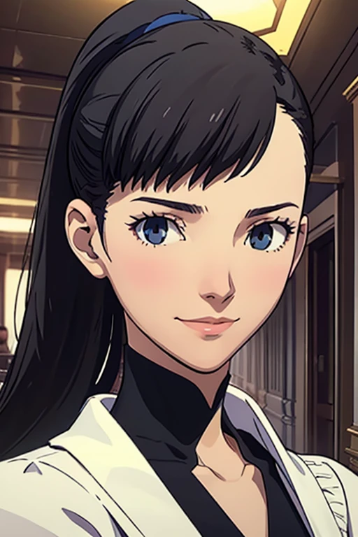 (masterpiece), best quality, expressive eyes, perfect face, ambient lighting, smooth, elegant, featured on pixiv, close-up of a girl inside school hallway, soft expression, slight smile, black hair, ponytail , mature face , tall and slender
