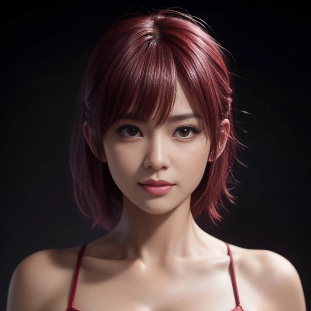 "AYANE FACE" (best quality,ultra-detalhado,Realistic:1.37), retrato, Detailed eyes and facial features, textura de pele delicada e suave, Corpo Perfeito, textura ultra realista, maquiagem perfeita, maquiagem vermelha nos olhos, batom vermelho,  smiling expression, cores vivas, maquiagem vermelha em volta dos olhos, cores vivas, olhos vermelhos, maquiagem vermelha nos olhos, ATHLETIC BODY