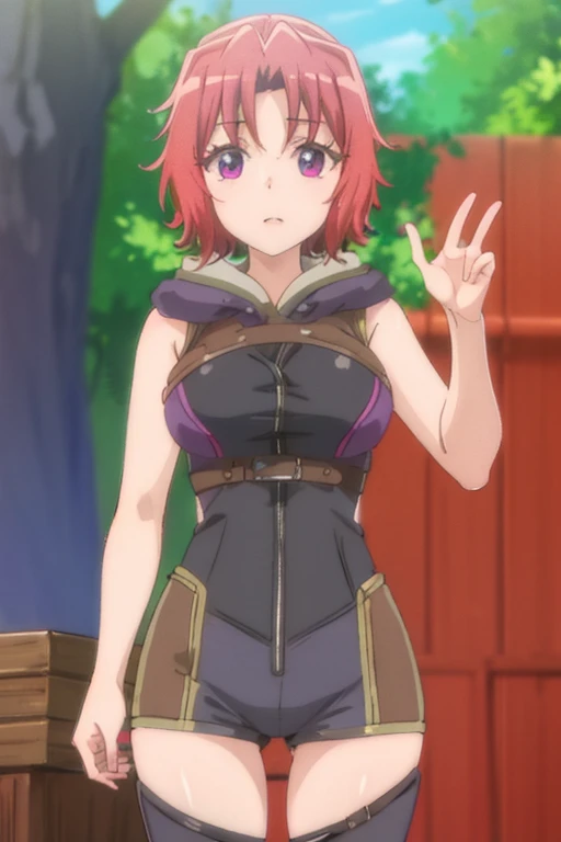 A pink haired woman with violet eyes and an hourglass figure and short hair is wearing a leather suit while helping a child.