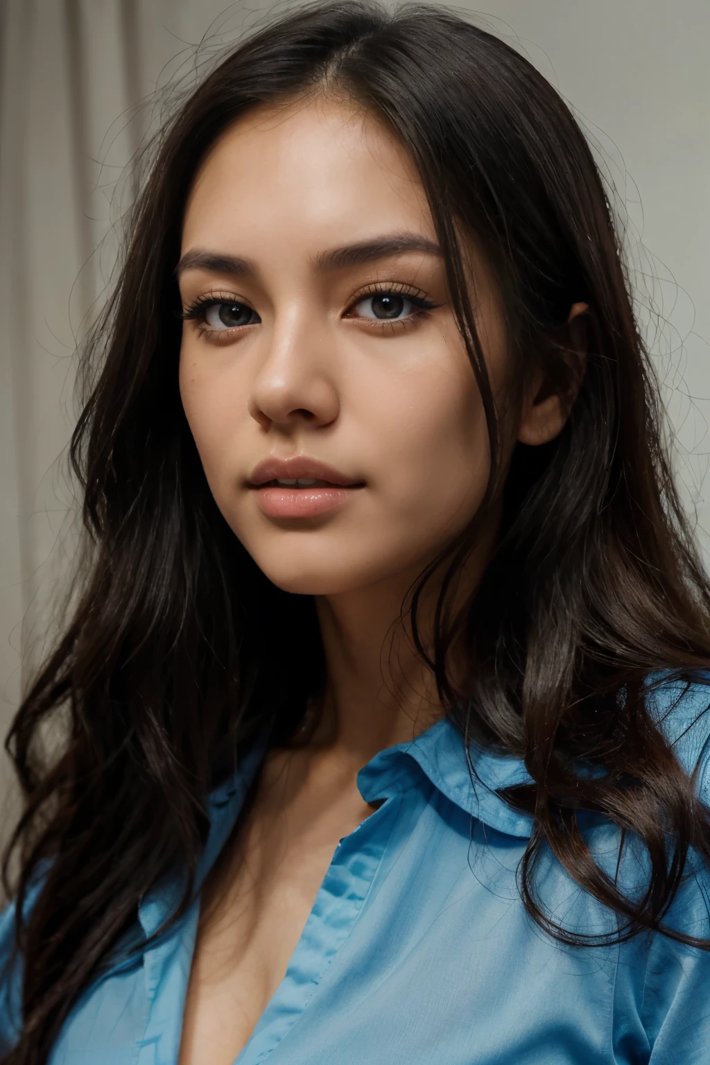 a woman with long dark hair and a blue shirt, a digital rendering inspired by Natasha Tan, tumblr, realism, detailed flawless face, sexy face with full makeup, flawless olive skin, detailed and perfect face, full face close up portrait, long lashes, detailed face of a asian girl, gorgeous latina face, stunning closeupheadshot, close up face, detailed gorgeous face