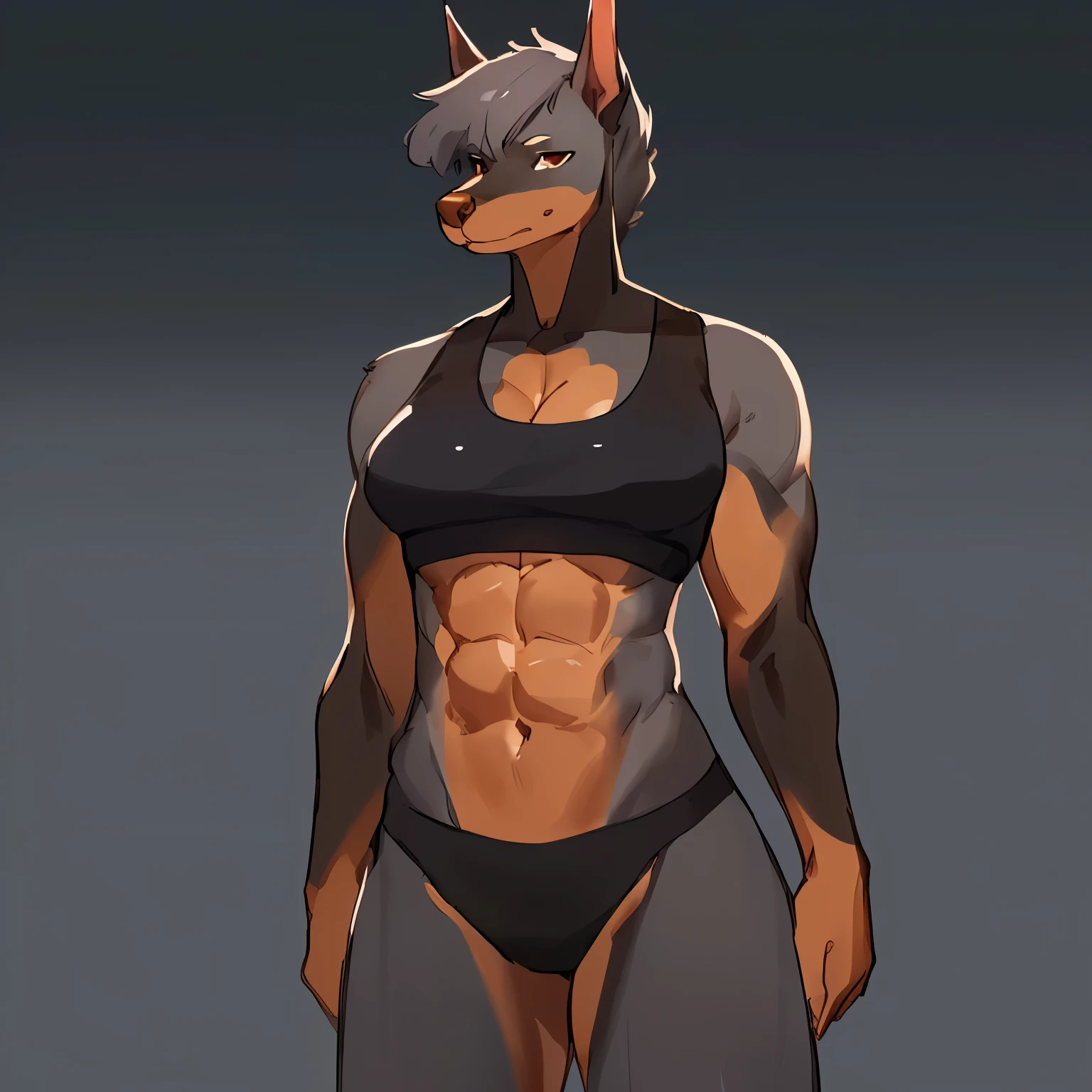By bebebebebe, by wsache, by greasymojo, by inu-sama, solo, standing, female, athletic, muscular, big biceps, sports bra, cleavage, (((defined abs))), (((hair, snout, detailed eyes grey dobermann, grey fur)))