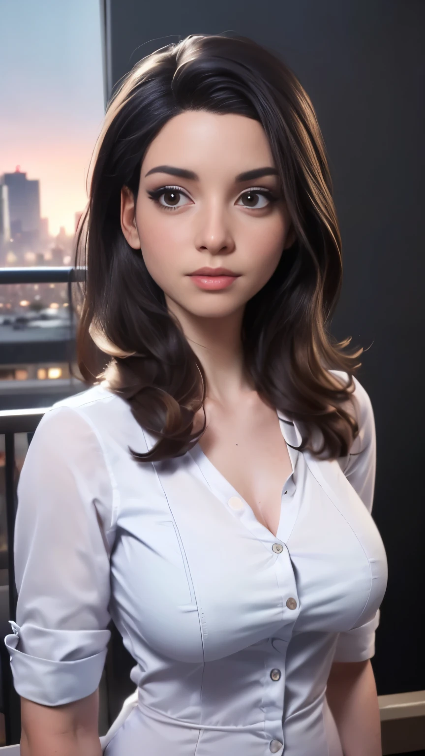 photo of Sweet Anita, RAW, beautiful woman, ((portrait)), ((detailed face:1.2)), ((detailed facial feature, detailed skin, clear skin), (perfect proportioned body), (wearing a v-neck dress shirt) (high detailed city environment, apartment balcony), (realistic photo, best quality, detailed), (8k wallpaper), (cinematic lighting, dramatic lighting) (sharp focus, intricate)