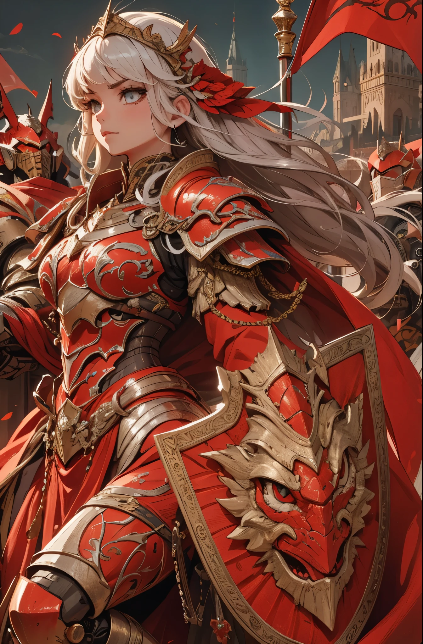 (detailed illustrations,Very detailed and precise drawing,Delicate drawn lines with tempo,Realistic texture expression),[color traced main line],(Fantasy World Battlefield Background [burning castle]),((ROBOT GIRL)(red knight[muscular][[METALFACE[lenticular iris]]])[WEAPON MACHINE[Princess Knight]]),[[corinthian helmet]][red dragon armor[scale][embroidered cloak]],[Crimson dragon pattern],[use a sword as a weapon],[[Mobile Weapon Gigant Size][science fiction mechanical]],((gorgeous shiny armor)),(intricate and beautiful decoration [Dense detail]),[transparency],(Precisely drawn face)[完璧な目のdetailed(Beautifully detailed iris)[eyes like jewels]],[long and beautiful eyelashes],[precisely drawn hair [美しく艷やかな髪のdetailed]],(完璧な手のdetailed [Beautiful fingers with no damage [beautiful nails]]),(perfect anatomy(perfectly balanced proportions))[[full body portrait]],[ideal color coordination(Accurate simulation of light and material interactions)],([Precision Detail](detailed,High definition)),[Visual art that tells a story].