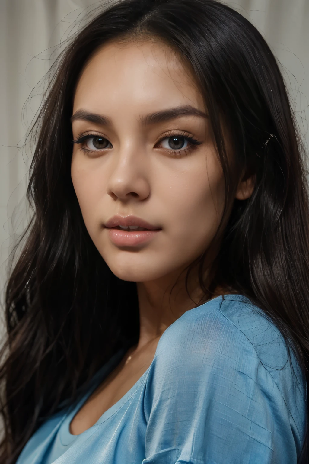 a woman with long dark hair and a blue shirt, a digital rendering inspired by Natasha Tan, tumblr, realism, detailed flawless face, sexy face with full makeup, flawless olive skin, detailed and perfect face, full face close up portrait, long lashes, detailed face of a asian girl, gorgeous latina face, stunning closeupheadshot, close up face, detailed gorgeous face