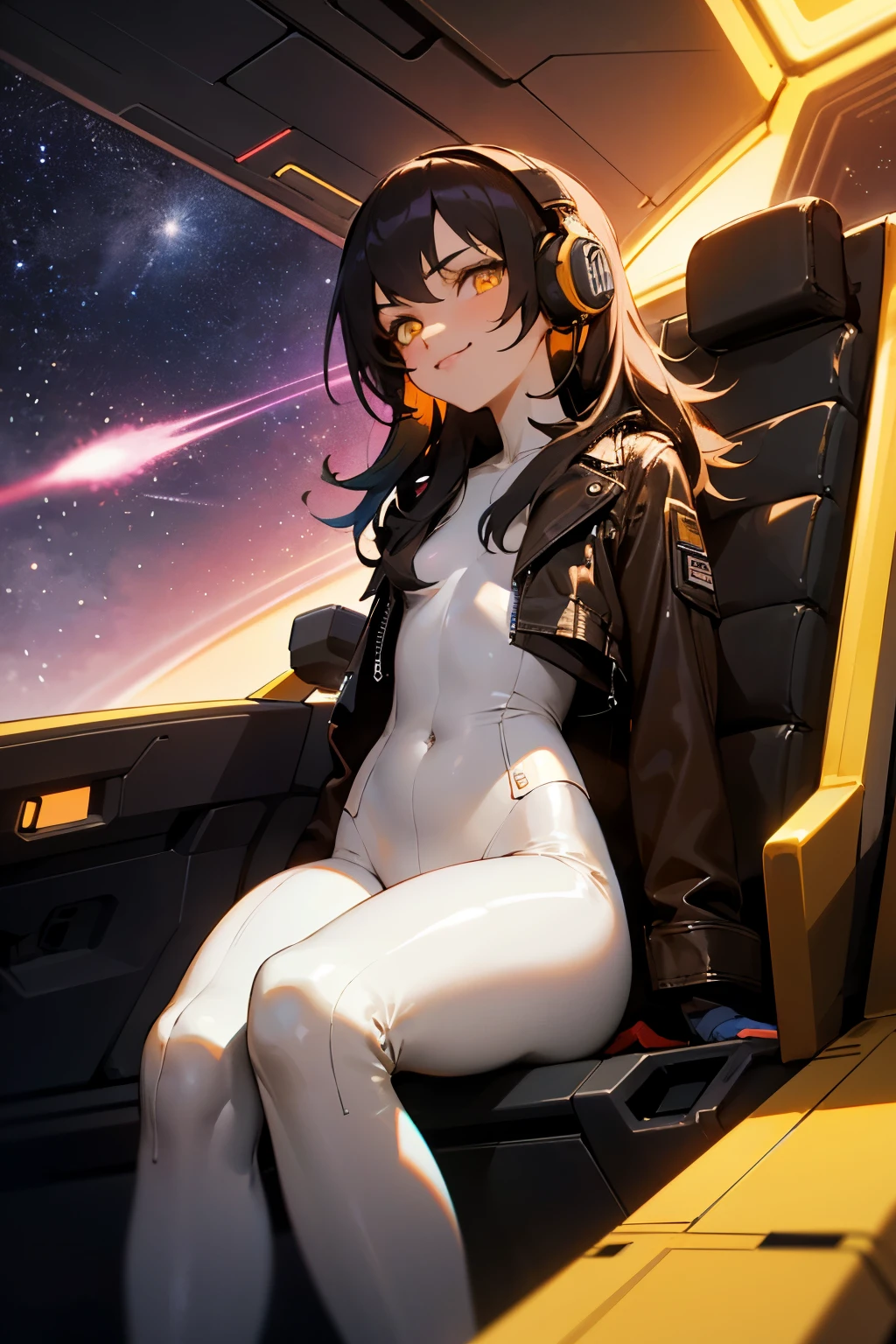 1girl, age25, mature face, smirk, 1980's style, long multicolor hair(rainbow), yellow eyes(brightly glowing), eyes narrowed, sitting on spaceship pilot seat, ???????, wearing open brown leather jacket(futuristic chrome ornamentation), white skintight pants(see through), headset with small LED lamps, neon details, sci-fi, raygun Gothic, from below, ????????, cosmos and stars(highly detailed), absurdes, high res, chiaroscuro, volumetric lighting, ultrasharp, 8k, masterpiece, looking at viewer, 