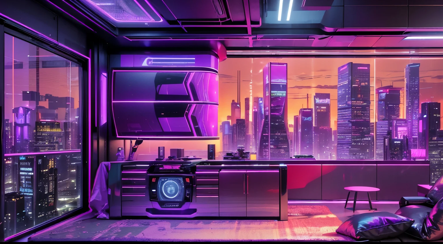 Best image quality, Masterpiece, Ultra-high resolution, (Fidelity:1.4), Photo, Movie, ((cyber punk perssonage)), cyber outfit, Futuristic, ((Award-winning ultra-realistic photos)),(Hyper-detailing),(Complicated details),(High resolution CGI artwork 8k),Futuristic cyberpunk living room/Bedrooms/kitchens/terrazzo,Detailed cyberpunk cityscape。Futuristic style,There are many colors and LED lights。The cityscape should be very detailed,depth of fields。Create depth with atmospheric lighting,Wide-angle lens showing rooms and windows。Use atmospheric and volumetric lighting to enhance cityscape detail。The room should be illuminated by the neon lights of the cityscape, Pastel textured colored background, Colourful, vibrant