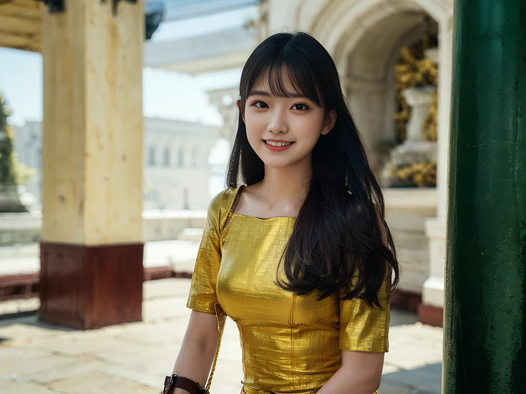 (high resolution, best quality, masterpiece), beautiful detailed eyes, 20 years old, one girl, solo, smiling (gray hair, long hair), gray eyeagnificent panoramic view), in nature, landscape, Elf, (white and green clothes like plant leaves), costume like sexy elf high leg leotard, breast plate,  line, cameltoe, erect , sweat, potbelly, sweat, big breasts, cleavage, Bare shoulders, magic particles, (weapon, sword, holding sword), belt with gold metal part on waist, details: -1, details: 0, details: 0.5, details: 1, details: 1.5