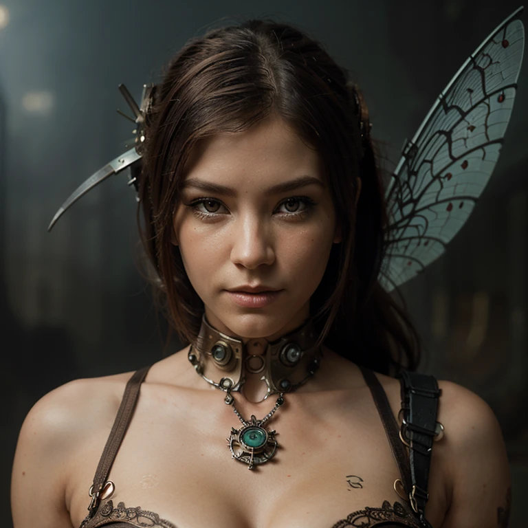 
Cyborg fairy, intricate half body portrait, detailed portrait, photorealistic, beautiful, foggy background, steampunk style