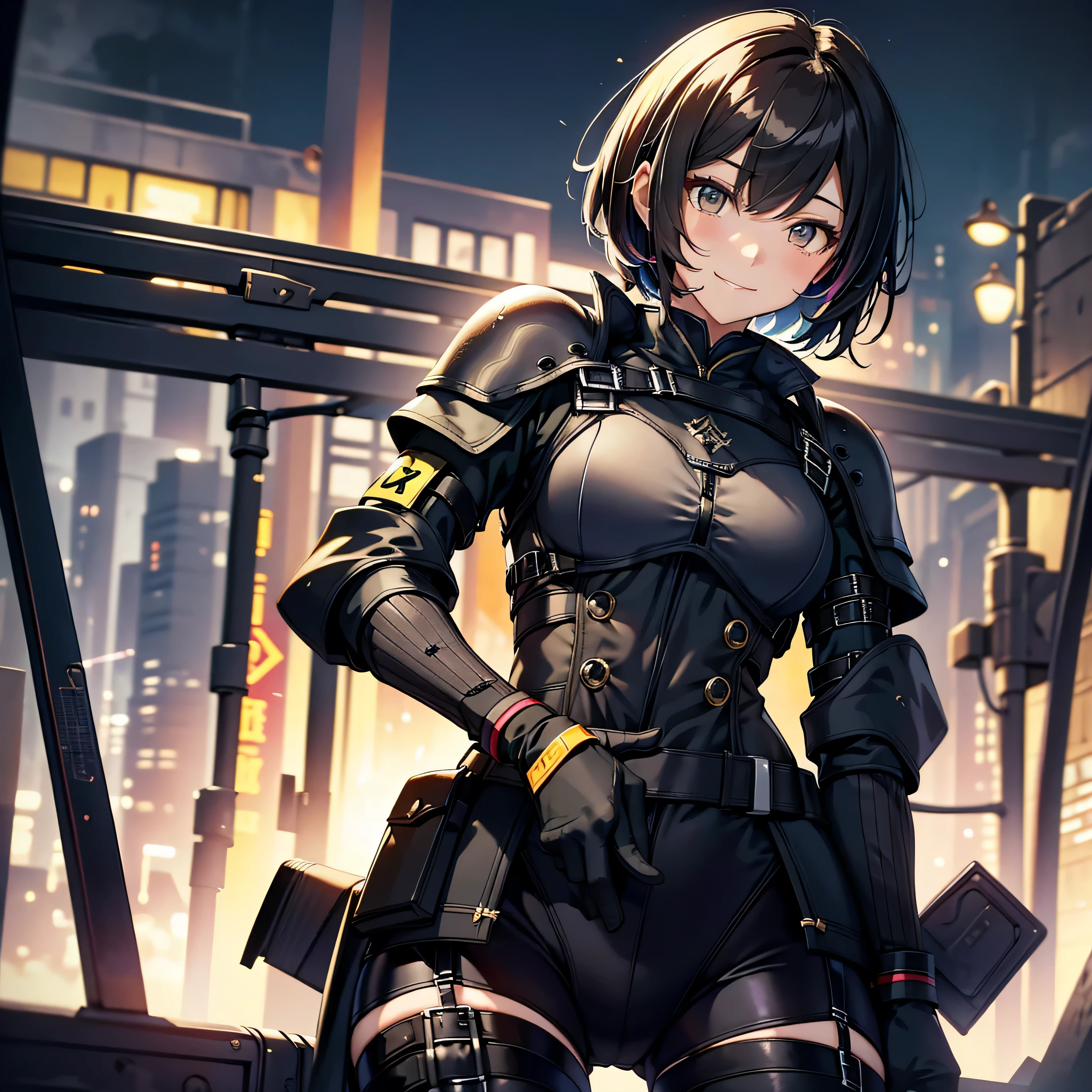 highest quality，T Masterpiece，final solution，Fluffy，非常にcolorful，colorful，female combatant，２４old girl，black super short hair，tight combat uniform，tight suit，steel city background，night，normal posture，normal posture、Gentle smile