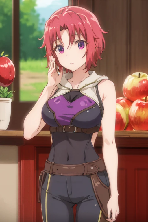 A pink haired woman with violet eyes and an hourglass figure and short hair is holding an apple
