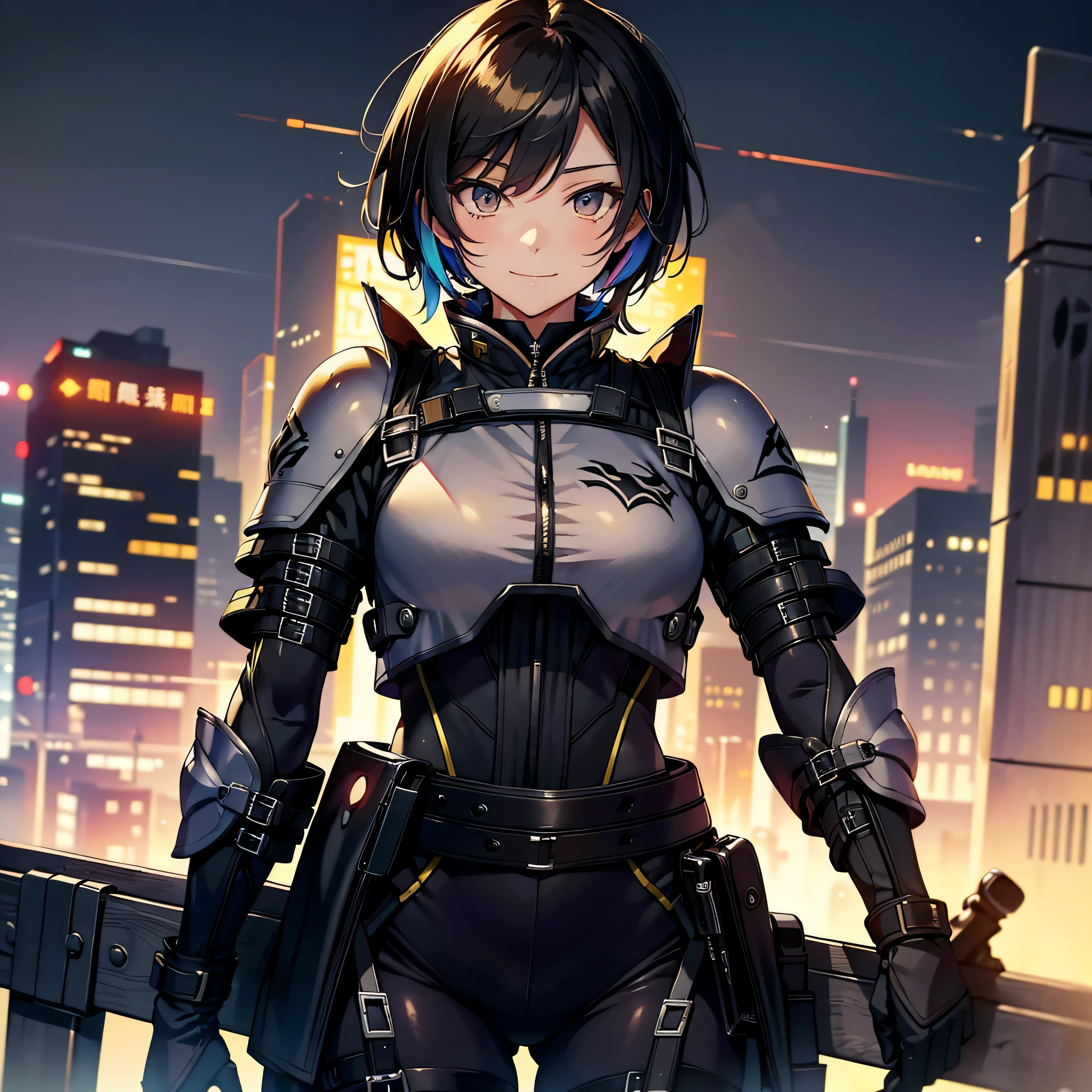 highest quality,T Masterpiece,final solution,Fluffy,非常にcolorful,colorful,female combatant,24old girl,black super short hair,tight combat uniform,tight suit,steel city background,night,normal posture,normal posture、Gentle smile