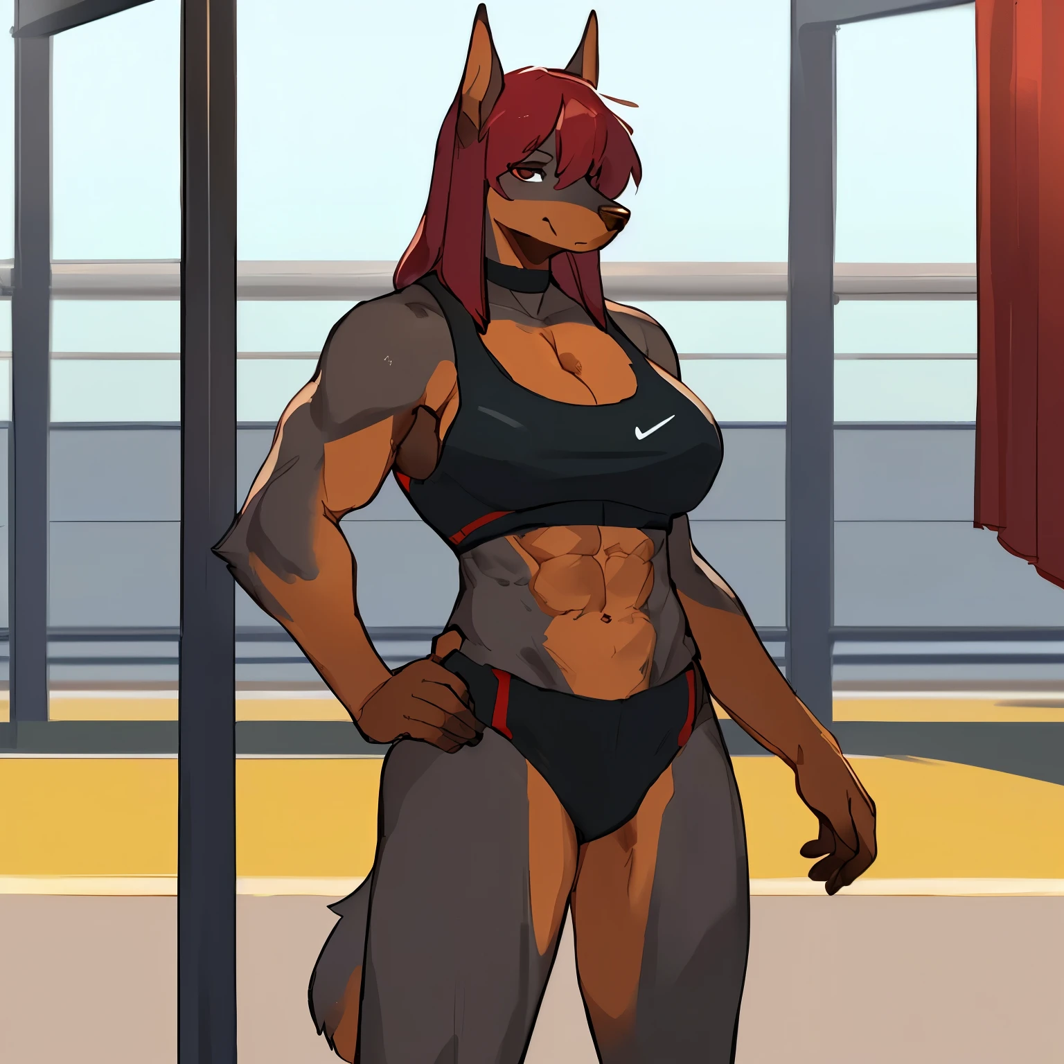 By bebebebebe, by wsache, by greasymojo, by inu-sama, solo, standing, female, athletic, muscular, big biceps, sports bra, cleavage, (((defined abs))), (((hair, snout, detailed eyes grey dobermann, grey fur))), (maroon hair, canine)
