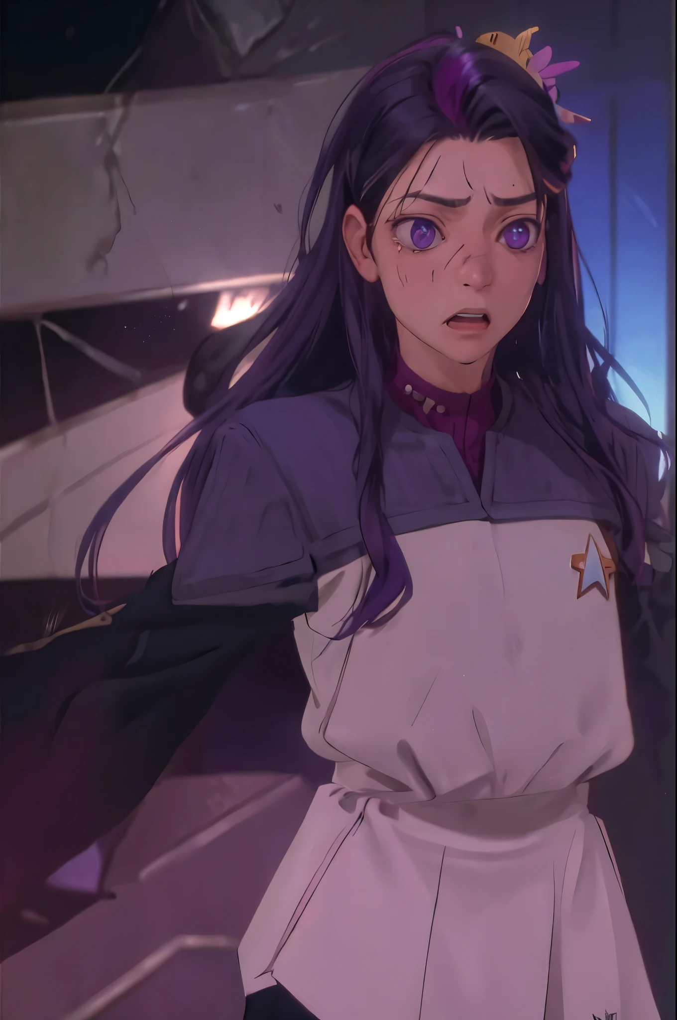  fullframe fullboy  Hoshino Ai, long hair, purple hair, streaked hair ,purple eyes, star-shaped pupils, hair ornament, distressed cry expression ds9st uniform