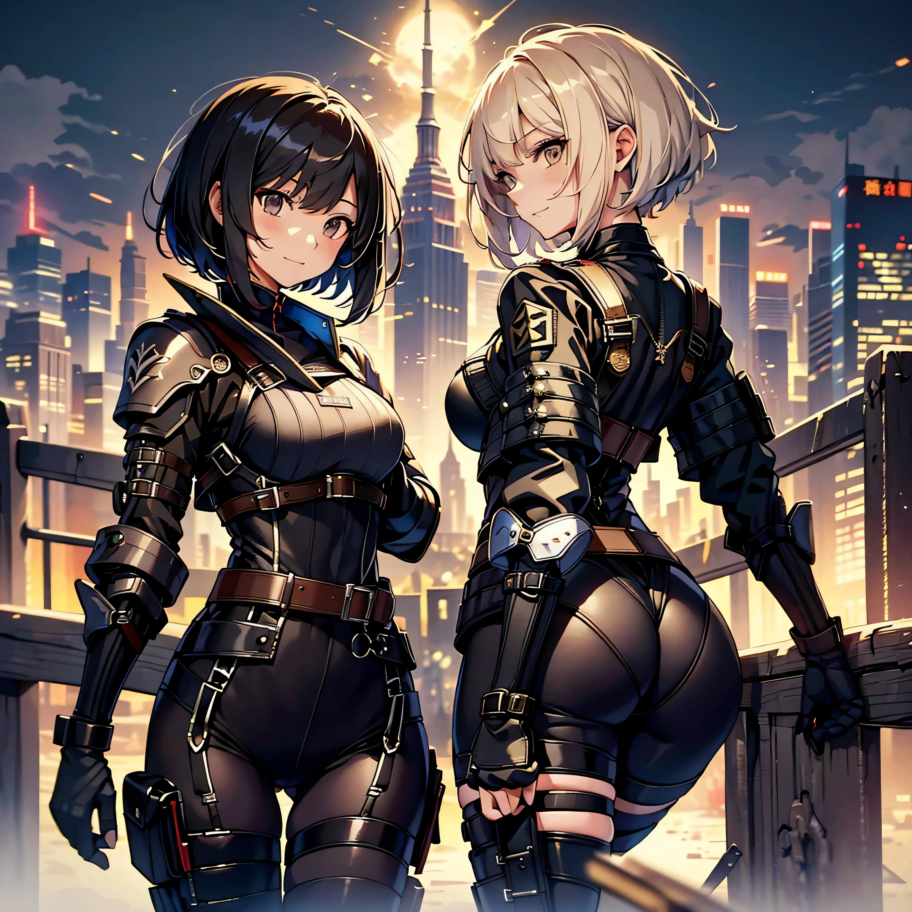 highest quality，T Masterpiece，final solution，Fluffy，非常にcolorful，colorful，female combatant，（pointing at your ass）mature woman，black super short hair，tight combat uniform，tight suit，steel city background，night，normal posture，normal posture、Gentle smile