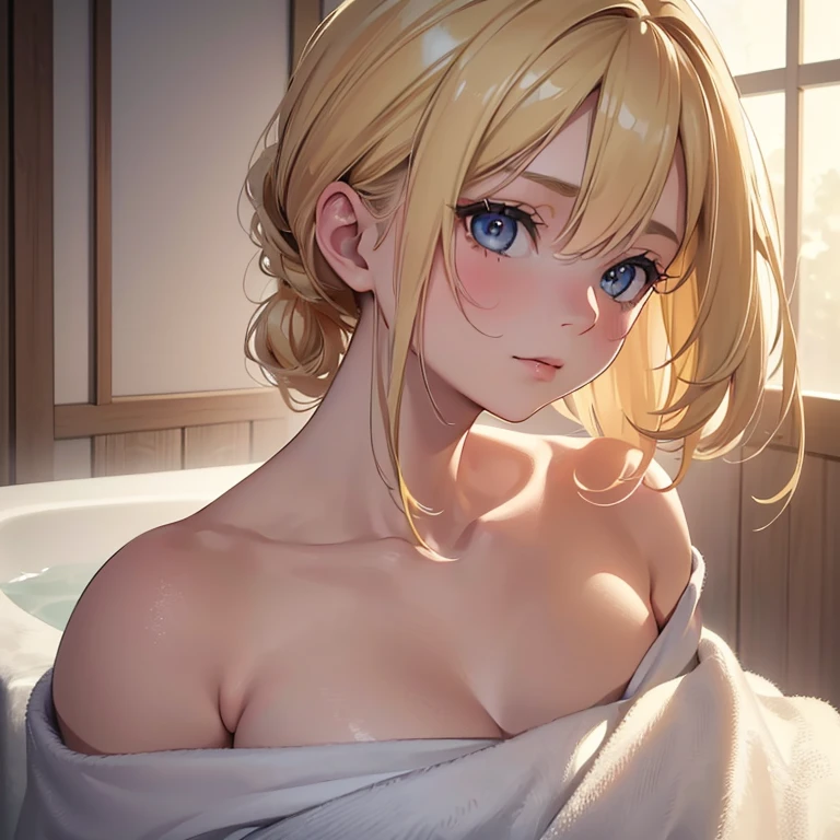 beautiful young girl,white towel,get out of the bath,looking sideways,blonde hair tied up,bathroom interior,soft lighting,vivid colors,(best quality,4k,8k,highres,masterpiece:1.2),ultra-detailed,(realistic,photorealistic,photo-realistic:1.37),portrait