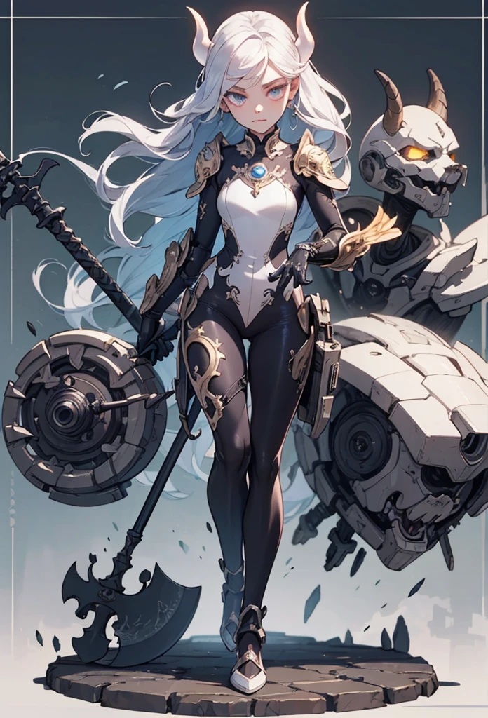 (detailed illustrations,Very detailed and precise drawing,Delicate drawn lines with tempo,Realistic texture expression),[color traced main line],(Fantasy World Battlefield Background [burning castle]),(GIRL ROBOT  (White Devil [METALFACE[lenticular iris]] (SKINNY)) [WEAPON MACHINE][milky],[BODY with EDGE [Transparent material]],[use an ax as a weapon],[[Mobile Weapon Gigant Size][science fiction mechanical]],(Pearl luster on the body surface),(intricate and beautiful decoration [Dense detail]),(Precisely drawn face)[perfect eye details(Beautifully detailed iris)[eyes like jewels]],[long and beautiful eyelashes],[precisely drawn hair [Beautiful and shiny hair details]],(perfect hand details [Beautiful fingers with no damage [beautiful nails]]),(perfect anatomy(perfectly balanced proportions))[[full body portrait]],[ideal color coordination(Accurate simulation of light and material interactions)],[Visual art that tells a story].