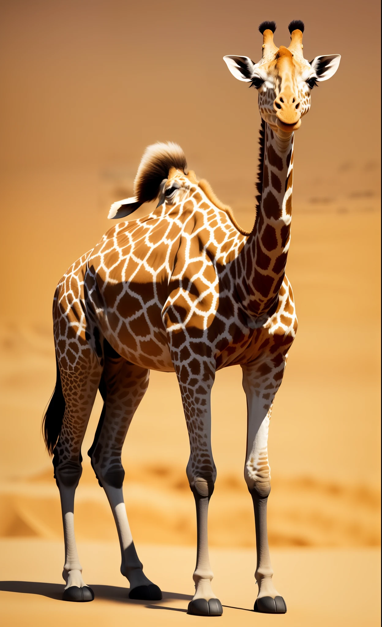 there  a giraffe standing in the middle of a desert, 8K Ultra-Realistic Animal, 3d dragon giraffe hybrid, Highly detailed animal, giraffe head and giraffe body, amazing cgi, giraffe, Surreal hybrid animals, Stunning photorealistic graphics, Spotted ultra realistic, very realistic photograph, very realistic photo, Photorealistic computer graphics, Digital art animal photography, 8 k ultra realistic creature