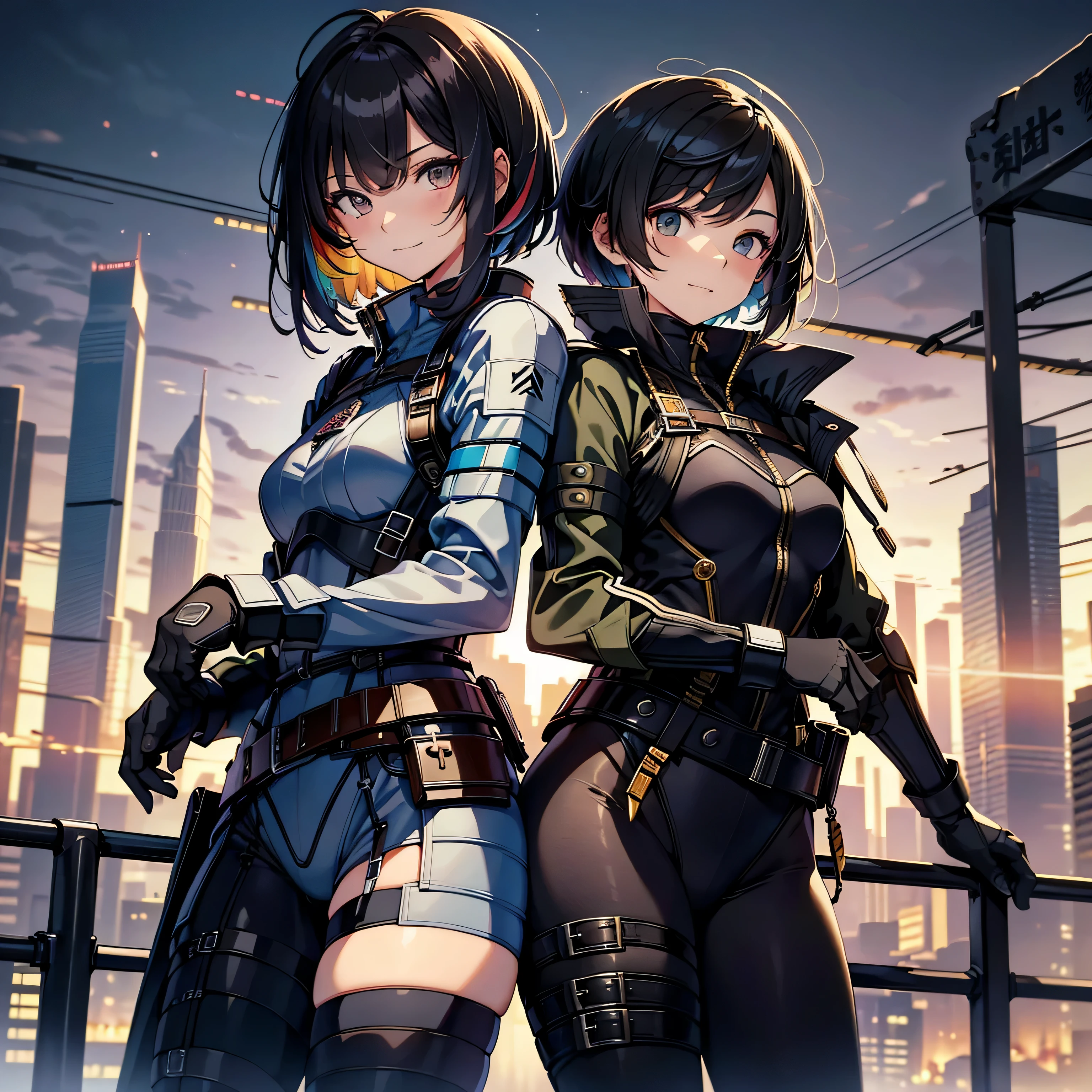 highest quality,T Masterpiece,final solution,Fluffy,非常にcolorful,colorful,female combatant,(pointing at your ass)mature woman,black super short hair,tight combat uniform,tight suit,steel city background,night,normal posture,normal posture、Gentle smile