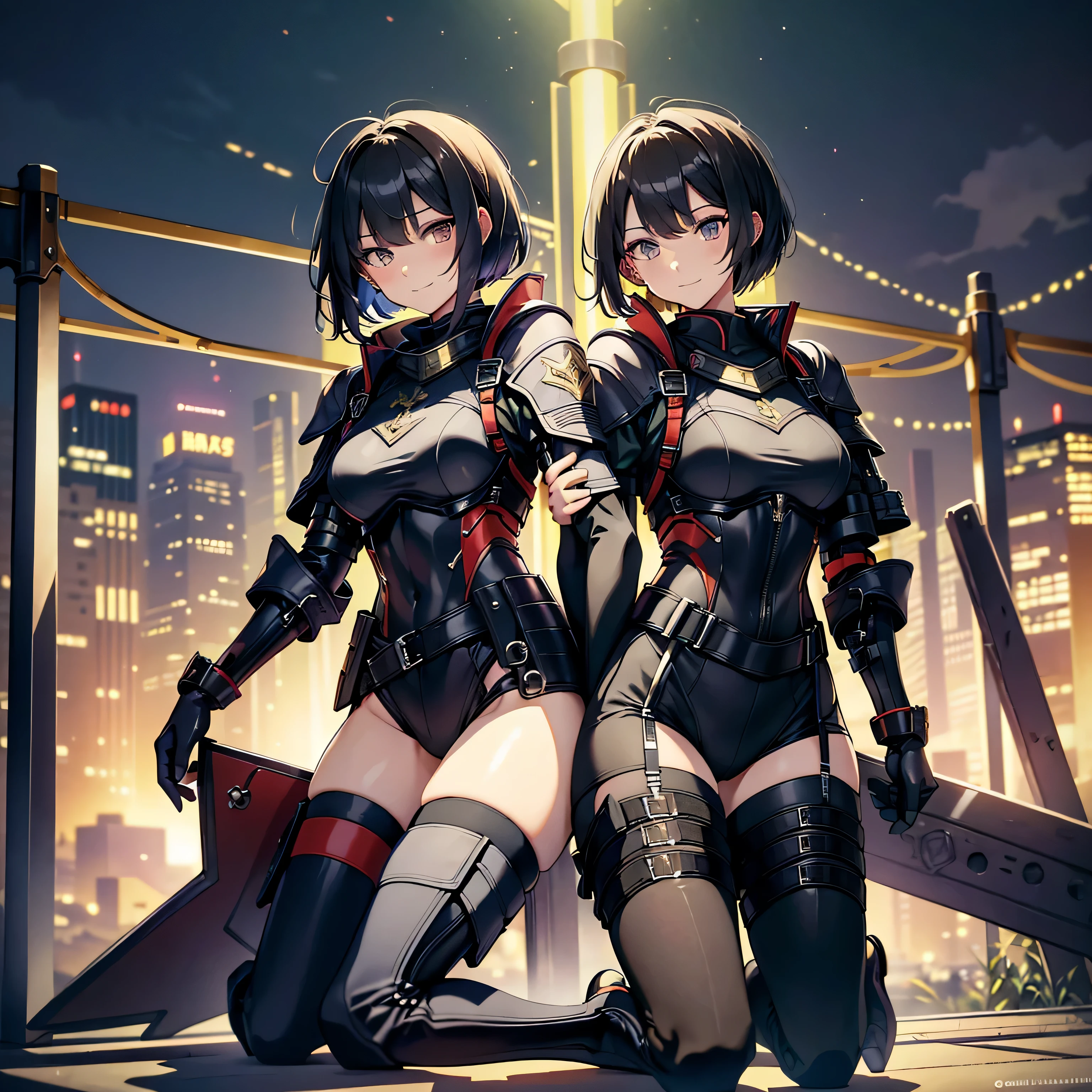 highest quality,T Masterpiece,final solution,Fluffy,非常にcolorful,colorful,female combatant,(kneeling pose)(pointing at your ass)mature woman,black super short hair,tight combat uniform,tight suit,steel city background,night,normal posture,normal posture、Gentle smile