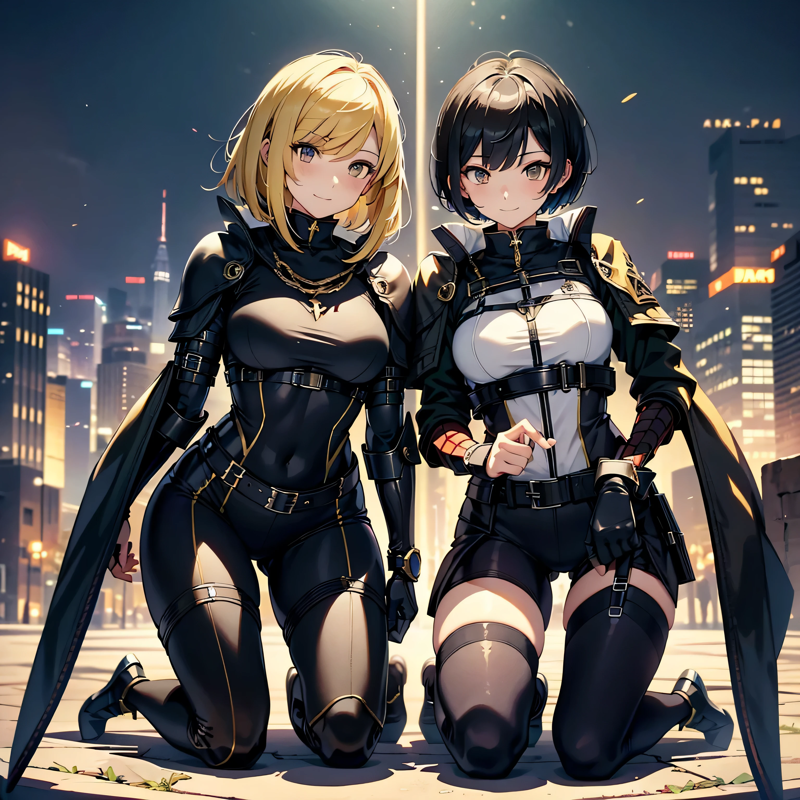 highest quality,T Masterpiece,final solution,Fluffy,非常にcolorful,colorful,female combatant,(kneeling pose)(pointing at your ass)mature woman,black super short hair,tight combat uniform,tight suit,steel city background,night,normal posture,normal posture、Gentle smile