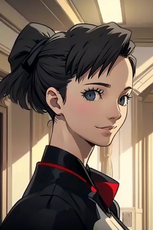 (masterpiece), best quality, expressive eyes, perfect face, ambient lighting, smooth, elegant, featured on pixiv, close-up of a girl inside school hallway, soft expression, slight smile, black hair, ponytail , mature face , tall and slender
