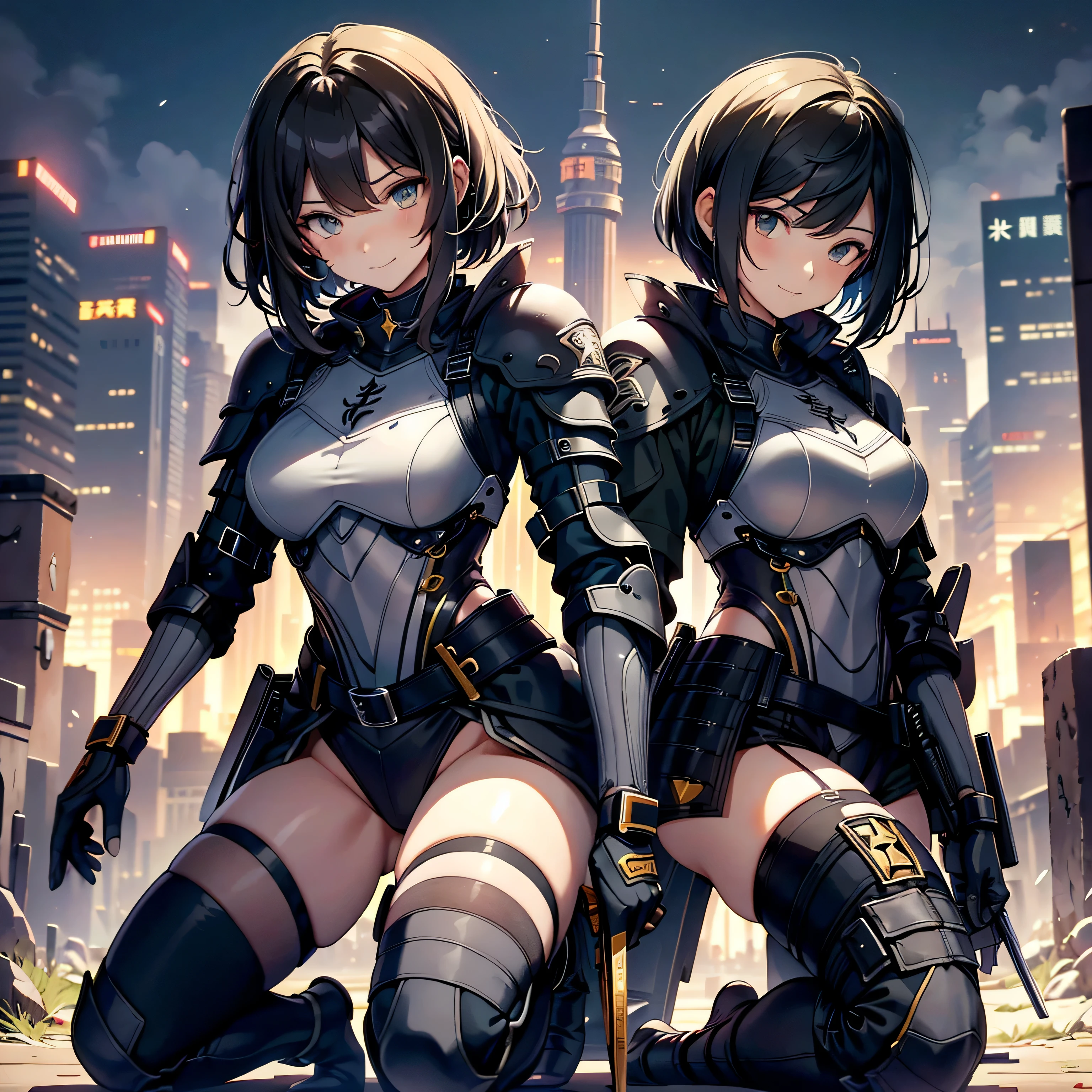 highest quality，T Masterpiece，final solution，Fluffy，非常にcolorful，colorful，female combatant，（kneeling pose）（pointing at your ass）mature woman，black super short hair，tight combat uniform，tight suit，steel city background，night，normal posture，normal posture、Gentle smile