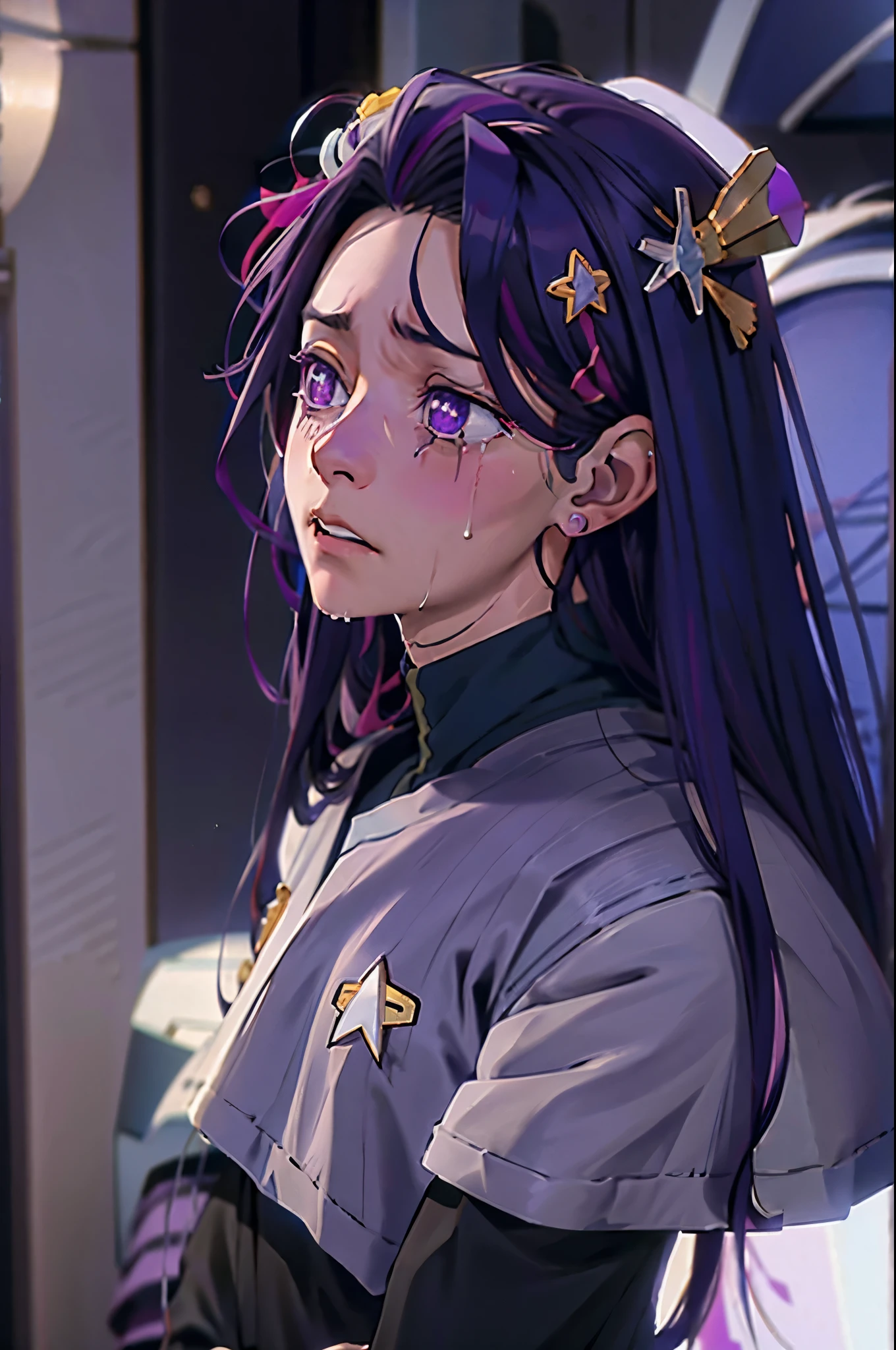 1 shot fullbody dazed expression Hoshino Ai, long hair, purple hair, streaked hair ,purple eyes, star-shaped pupils, hair ornament, ds9st uniform
