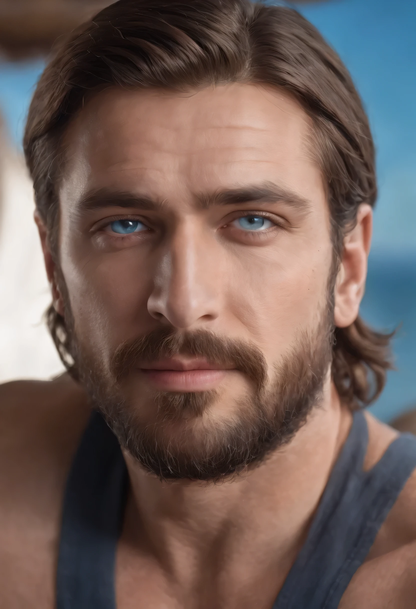 Poseidon, shoulder length brown hair, beard, ocean blue eyes, chiton, muscular. Realistic hyper-detailed portraits, masculine, western style portraits, digital art techniques, wearing a poker player visor, casino background