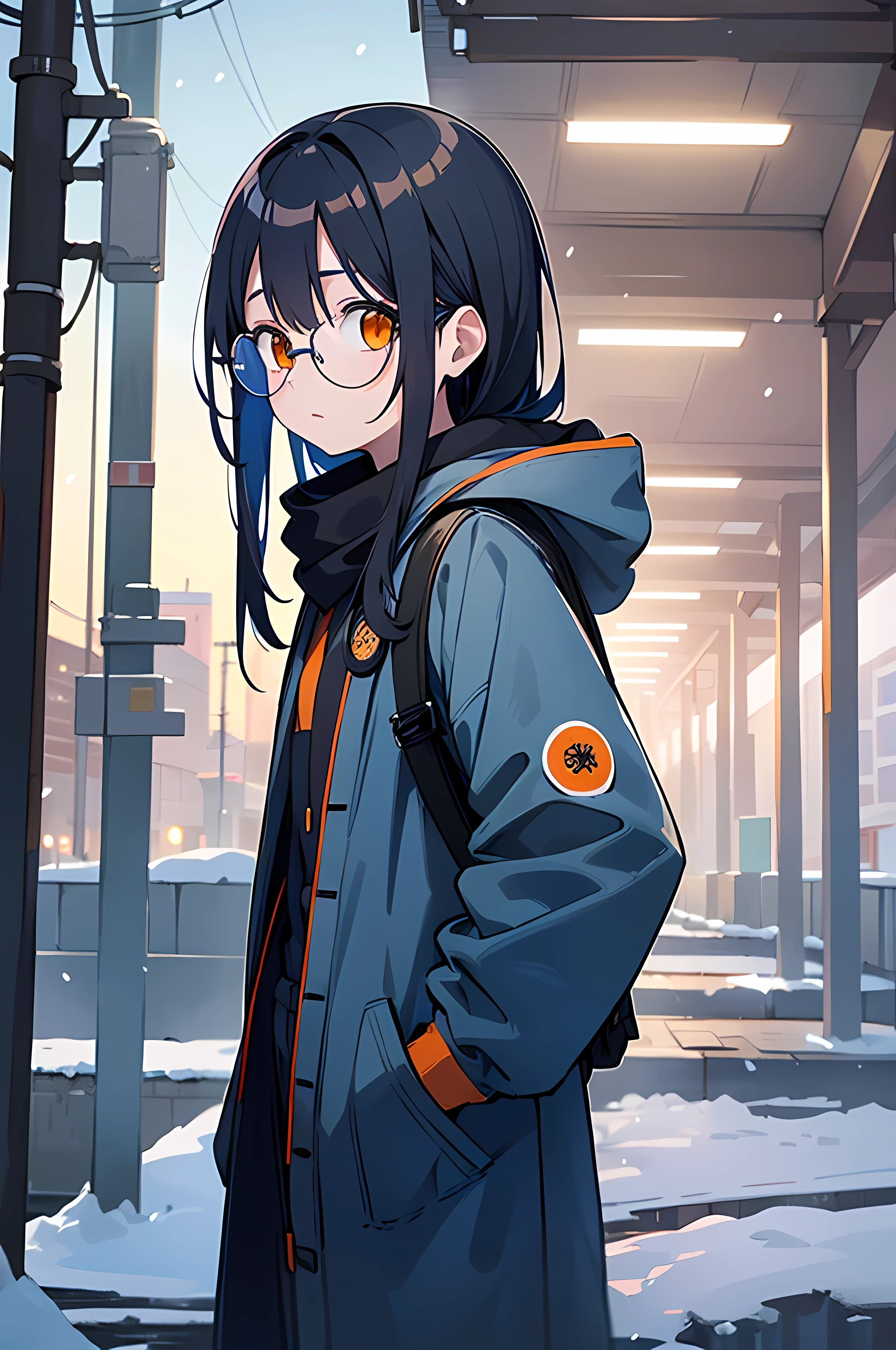 (8K Ultra High-Quality) (Masterpieces) (Image) (人物: Rimuru) 1 Girl 17years old, Long Black hair, Orange eyes colors, wearing blue jacket, wearing hood, wearing long Jean, walking on sidewalk, background in town during winter snowfall, carrying backpack, wearing circle glasses, curious face looking at viewer.