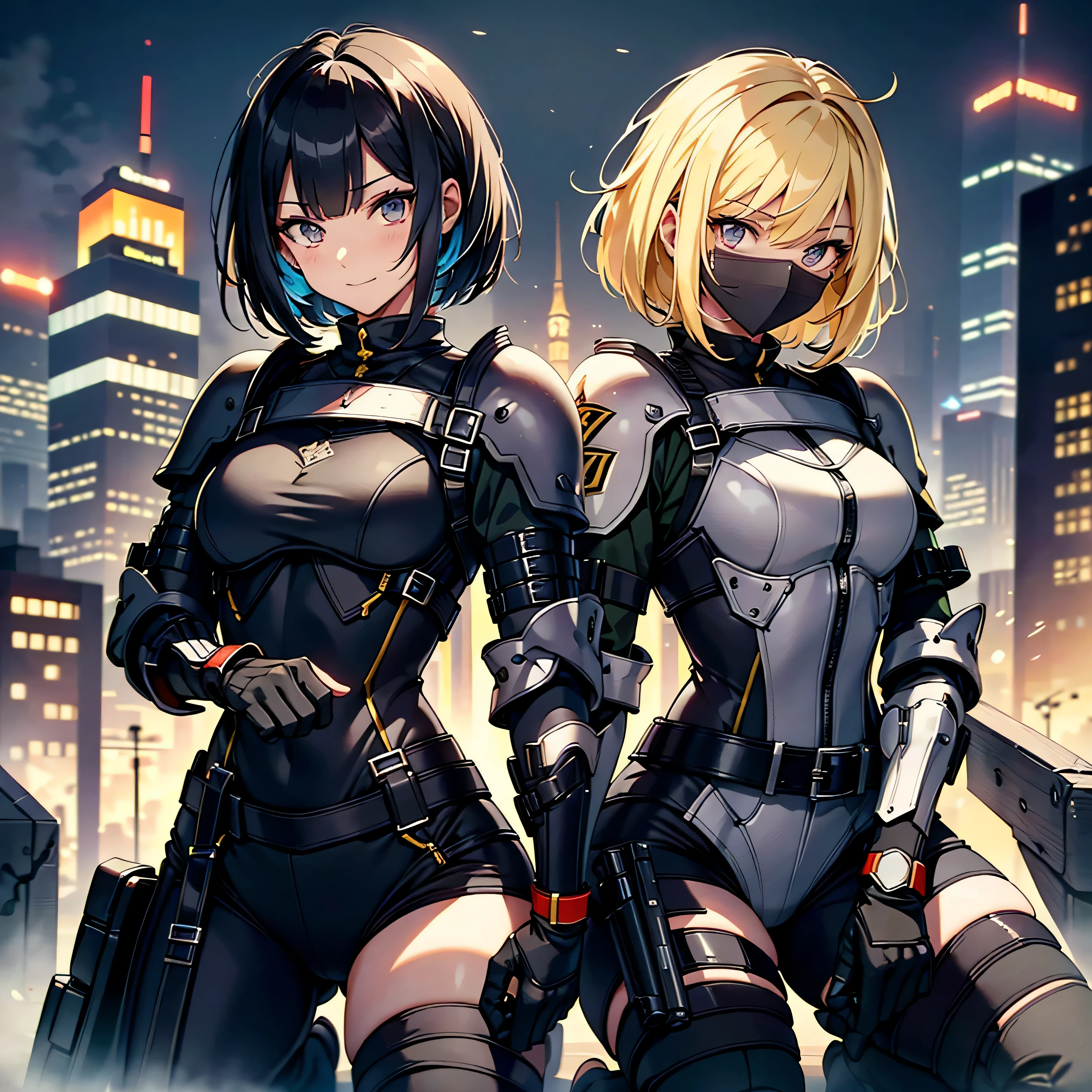 highest quality,T Masterpiece,final solution,Fluffy,非常にcolorful,colorful,female combatant,(kneeling pose)(pointing at your ass)mature woman,black super short hair,tight combat uniform,tight suit,steel city background,night,normal posture,normal posture、Gentle smile