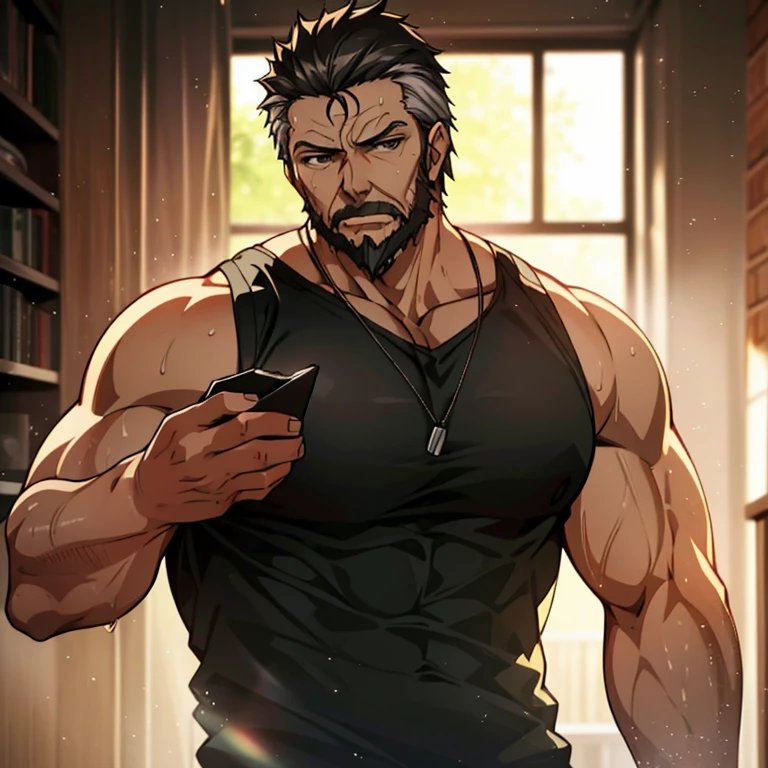 Anime, Um homem alpha poderoso, 40 years old, posando para foto, wearing very tight wet black tank top, corpo inteiro, olhando para o espectador, pose sexy, olhos de cor vermelha, grey hair and beard, Obra-prima maravilhosa altamente detalhada, beautiful cinematic light deep focus, elegante, pintura digital, liso, sharp focus, golden ratio, dramatic lighting, 8k, pixiv, bara