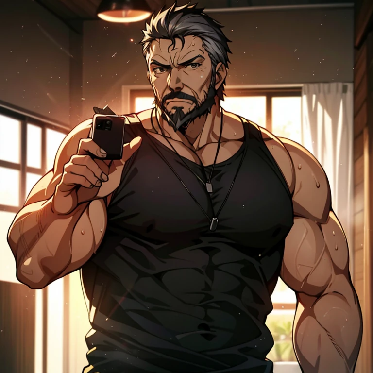 Anime, Um homem alpha poderoso, 40 years old, posando para foto, wearing very tight wet black tank top, corpo inteiro, olhando para o espectador, pose sexy, olhos de cor vermelha, grey hair and beard, Obra-prima maravilhosa altamente detalhada, beautiful cinematic light deep focus, elegante, pintura digital, liso, sharp focus, golden ratio, dramatic lighting, 8k, pixiv, bara