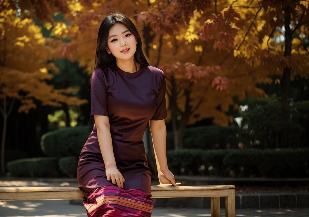 there  a traditional Burma Myanmar woman with a pink dress sitting on a bench in a park, nivanh chanthara, in style of lam manh, a young asian woman, lovely woman, mai anh tran, asian girl, an asian woman, Myanmar woman, traditional beauty, traditional art, asian Myanmar woman, very high quality, young asian girl, a cute young woman, young asian woman, (8k, best quality, masterpiece:1.2), (realistic, photo-realistic:1.37), ultra-detailed, 1 girl, cute, solo, beautiful detailed sky, detailed cafe, night, dating, (nose blush), (smile:1.2), beautiful detailed eyes, business attire, rain, (8k, RAW photo:1.2),best quality, ultra high res,dramatic angle,(fluttered detailed color splashs), (illustration),(((1 girl))), ((Best quality, 8k, Masterpiece :1.3)), Sharp focus :1.2, A pretty woman with perfect figure :1.4, Slender abs :1.2, ((Dark brown hair, Big breasts :1.2)), (White button up long shirt :1.1), City street:1.2, Highly detailed face and skin texture, Detailed eyes, Double eyelid