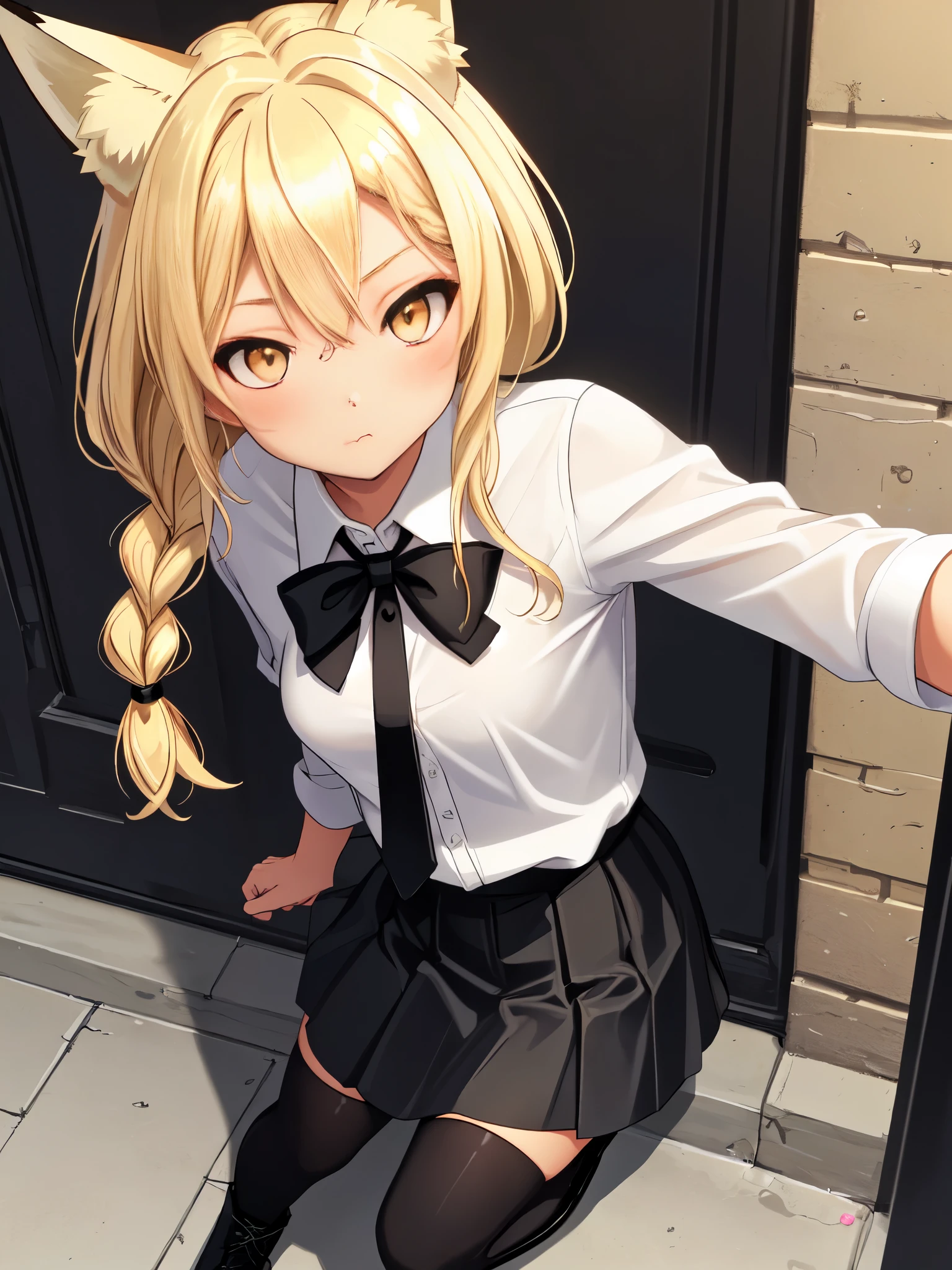 A petite tan girl, yellow eyes, small breasts, blonde braided hair, blonde fox ears, wearing white button up shirt, black tie, black skirt, black combat boots,