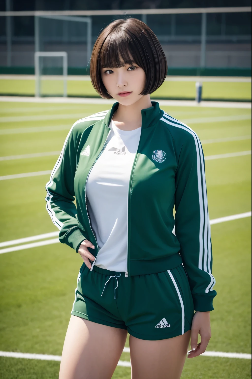 at the track and field stadium, japanese plump lady,((gigantic breasts)), pale skin, droopy eyes, 20 year old, bowl cut hair, ((green Tracksuit)), ((standing)), high quality:1.3, shoot from below 2.0, Professional lighting:2.0 realistic:1.2, 4k resolution, detailed skin, masterpiece:1.1