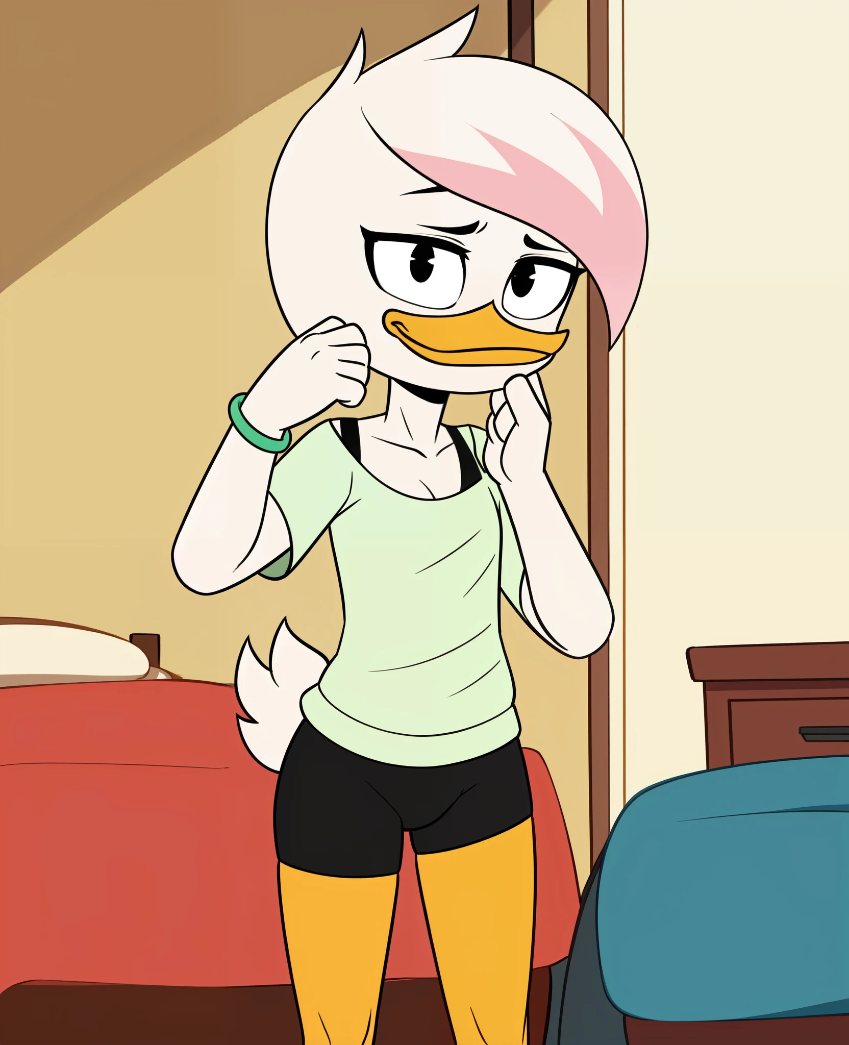 (by drockdraw:1.2) (by chelodoy:1) (by ashraely:1) lena sabrewing, white skin, white hair, pink highlights, light green shirt, bracelet, orange legs:1.2, tired:1.3, black eyes, scut tail, ducktales, eyeliner, beak, short hair, standing, solo:1.2, duck, beak, black shorts, tight shorts, hand on chin, eyeliner, black eyes, bra strap, short hair (bedroom:1.2)