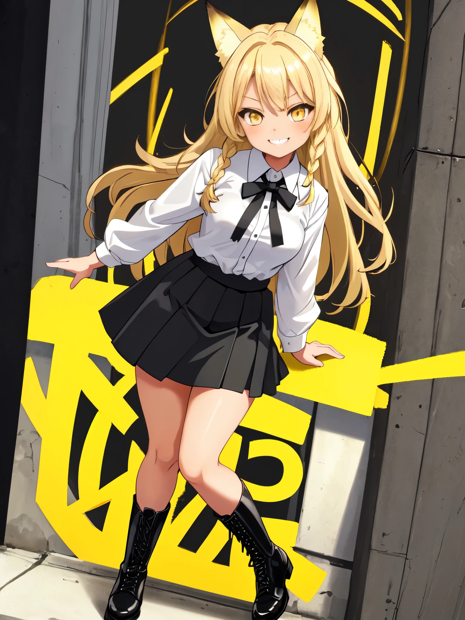 A petite tan girl, yellow eyes, small breasts, blonde braided hair, blonde fox ears, wearing white button up shirt, black tie, black skirt, black combat boots, grinning, thick thighs