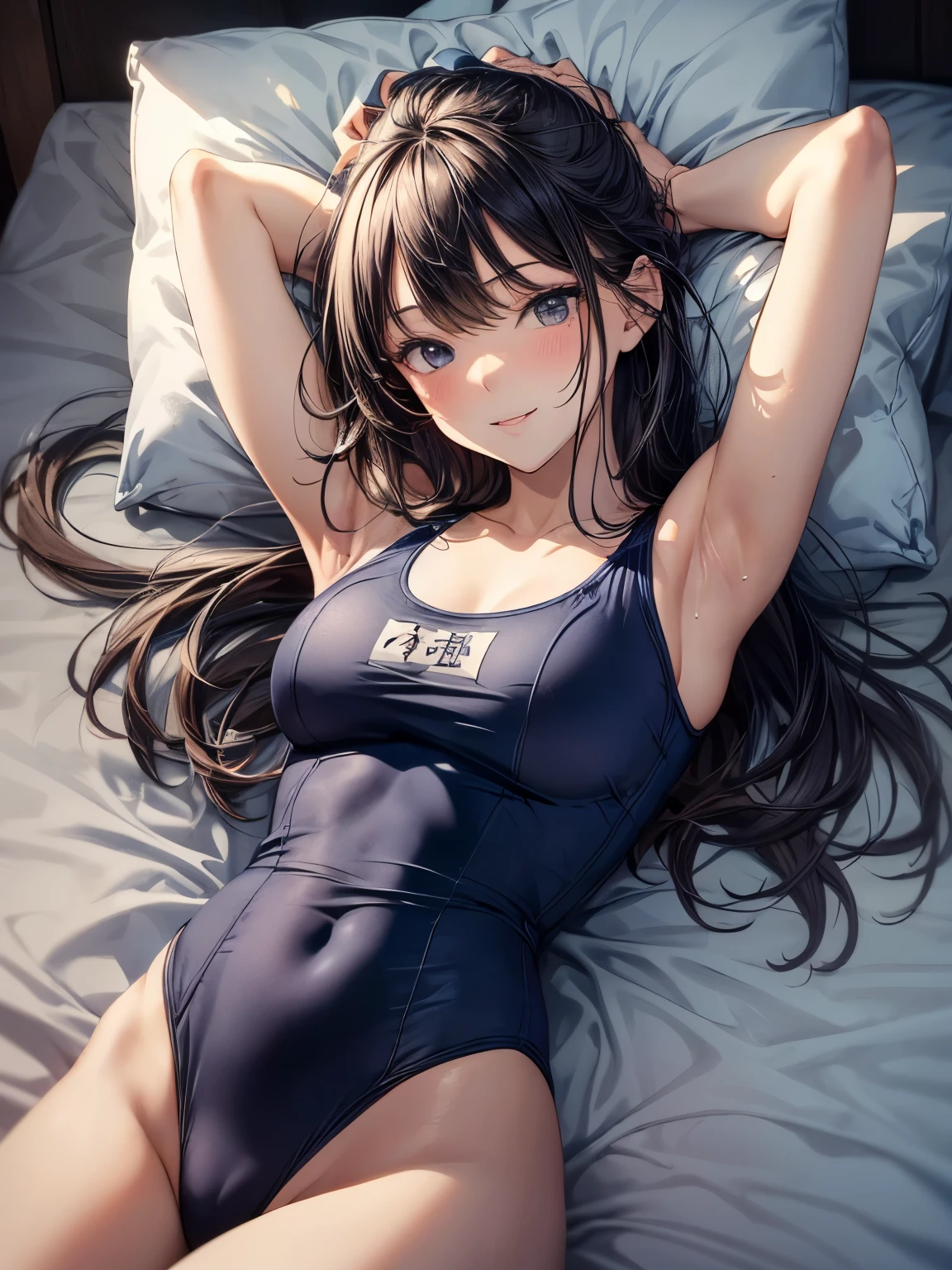 highest quality、complete limbs、full finger、one beautiful woman、black haired woman、straight hair woman、female professional wrestler、((A woman wearing a navy blue one-piece school swimsuit:1.3))、((Bedroom、bed))、A woman lying with her head on a pillow、big smile