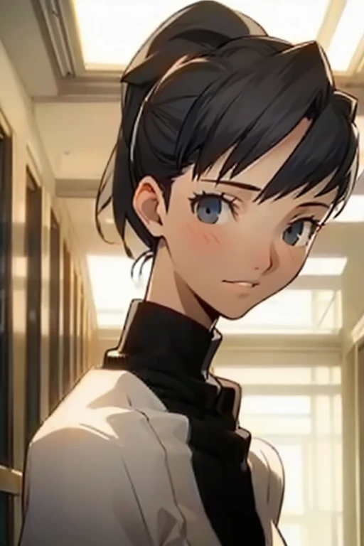 (masterpiece), best quality, expressive eyes, perfect face, ambient lighting, smooth, elegant, featured on pixiv, close-up of a girl inside school hallway, soft expression, slight smile, black hair, ponytail , mature face , tall and slender
