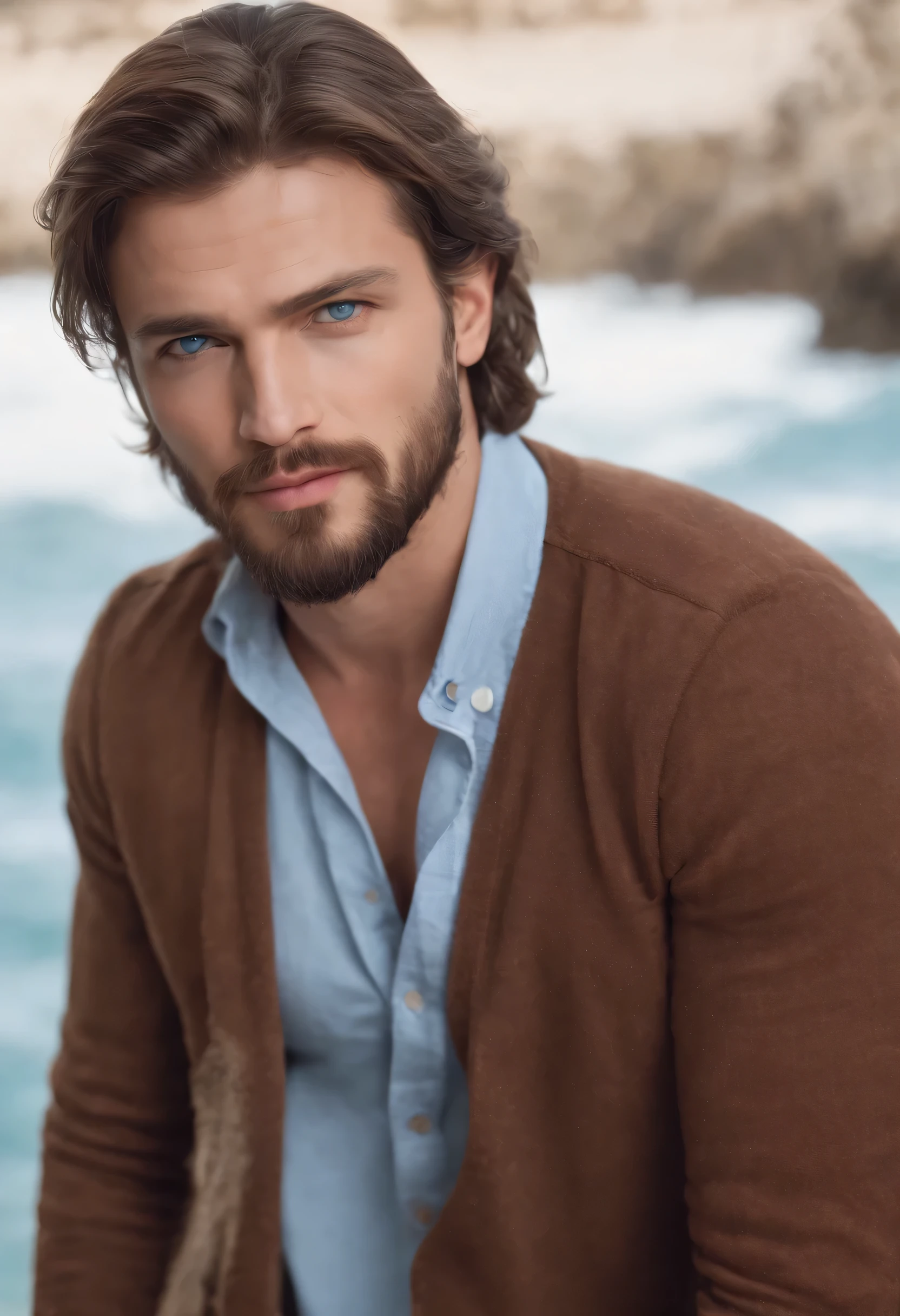 Poseidon, shoulder length brown hair, beard, ocean blue eyes, chiton, muscular. Realistic hyper-detailed portraits, masculine, western style portraits, digital art techniques, dressed in a fancy dress shirt, shopping mall background