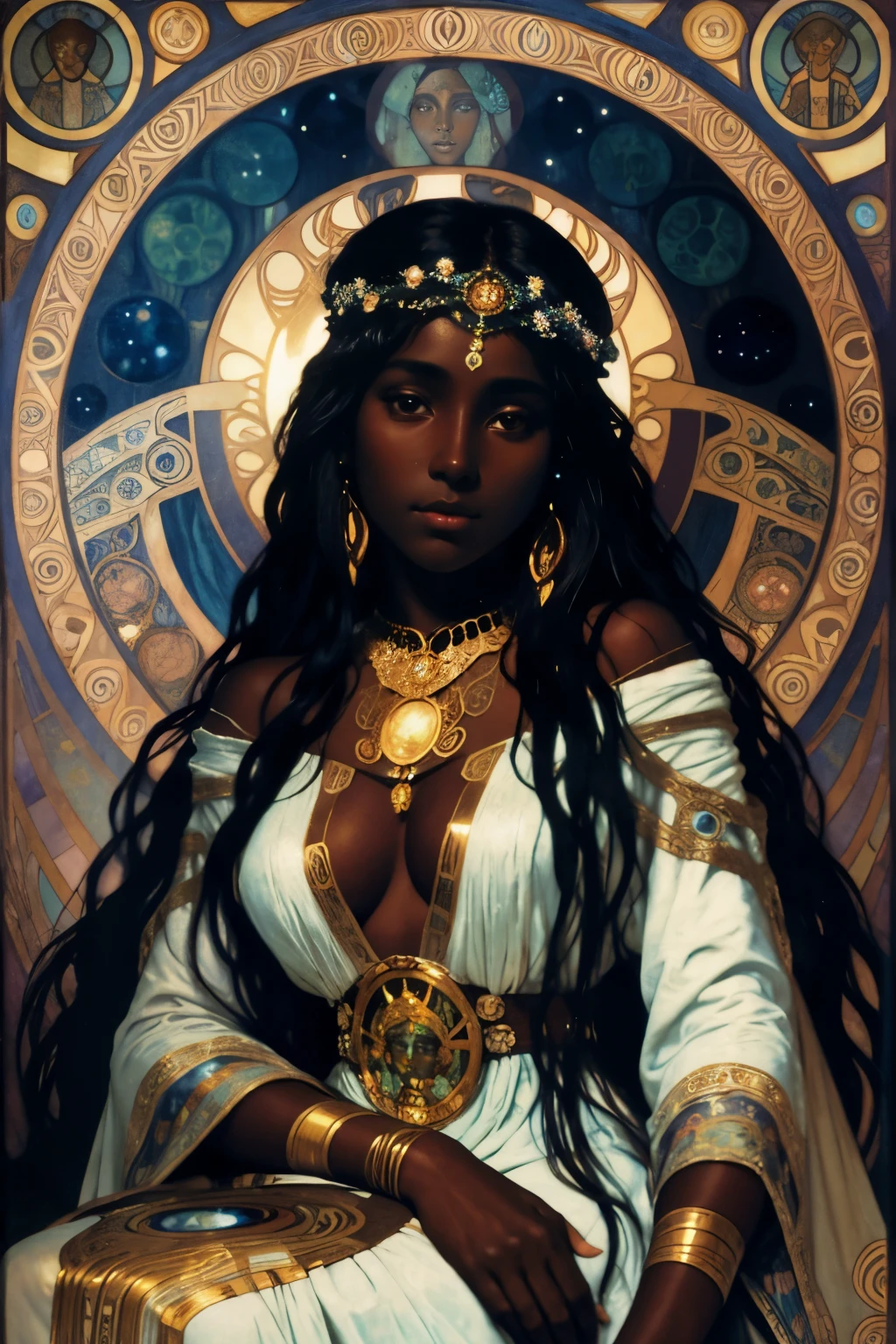 beautiful, dark skinned moon goddess, sitting at the edge of a cove. painted by alphonse mucha and gustav klimt, big doe eyes