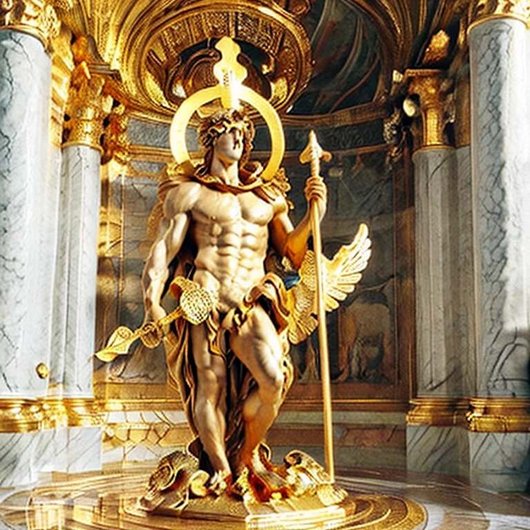 (marble statue of:1.2) (masterpiece:1.2, best quality), Marblegold, (Muscular man, nude, holding a golden halberd, golden halo:1.3), marble floor, perfect lighting, white marble room nsfw