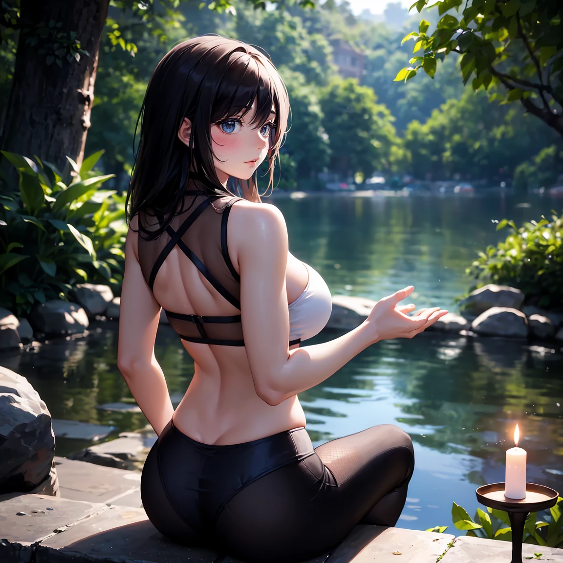 (highest quality,high resolution,(Ultra high fine mesh,4K), (ultra high resolution,8K),muste piece:1.2), (perfect anatomy,anatomically accurate), girl doing yoga, peaceful and calm background, beautiful and fine eyes, flowing long hair, yoga clothes, elegant pose, in nature by candlelight, soft and gentle lighting, (very detailed and beautiful face), professional photography techniques, Bright colors, natural light, (very detailed and beautiful face), (:1.3), mindfulness meditation, Close ~ eyes, ( focus, From the back, Look back:1.2)