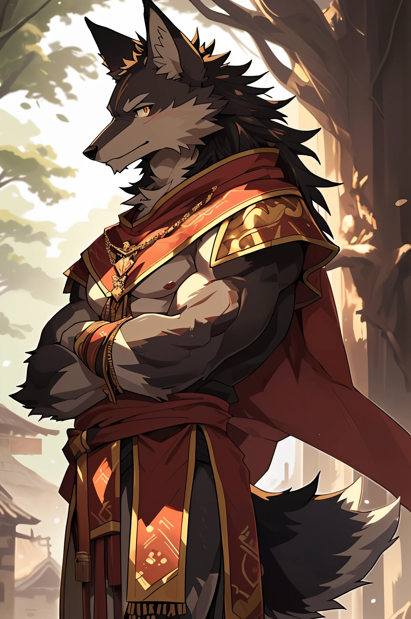 (best quality), (masterpiece), (Super detailed), sharp focus, Negi, Eye, 金Eye, side view,standing with arms crossed,The gaze does not look at the audience, Shyness blush, hairy, Small animals_Wolf_Hall,Black hair, black bHalld, upper part of body, human nature (黑Wolf), male, (黑Wolf), middle aged,white belly, muscular, red cloak, knight costume, village, Super detailed face, low light, night, night vibes, that tree