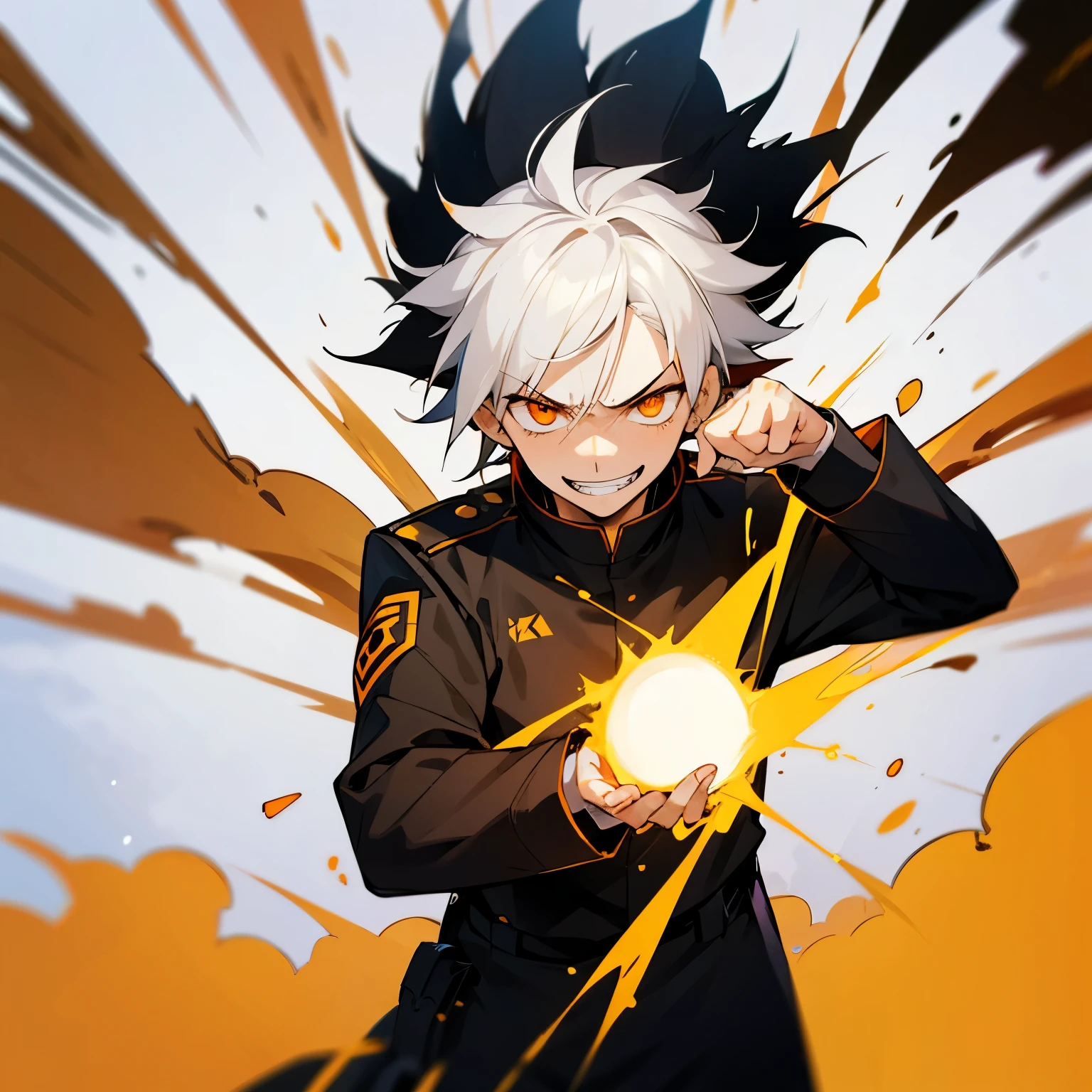 1boy, white hair, orange eyes, wearing black uniform, grin, annoyed face, psychotic smile, explosion 