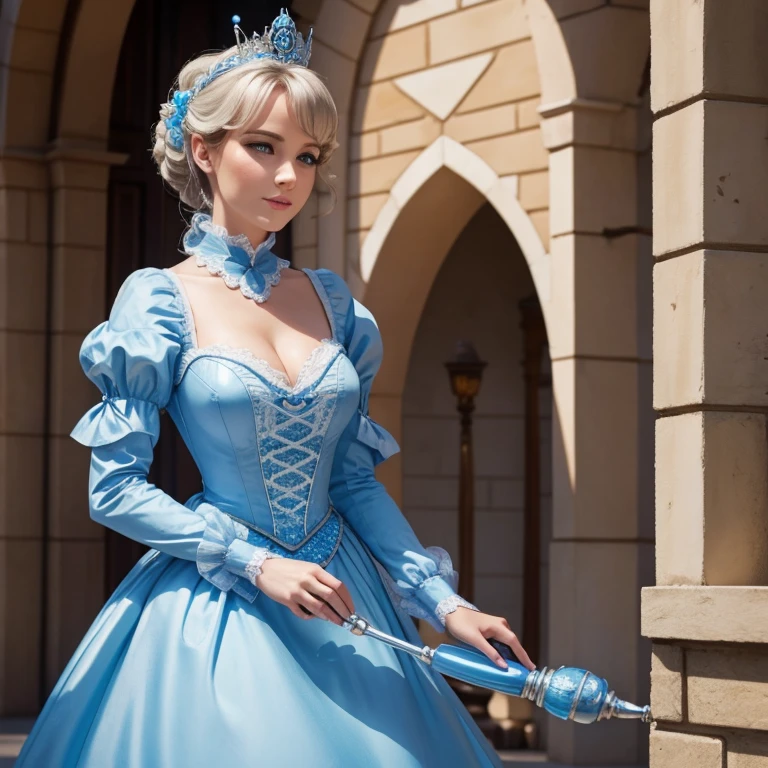 John Tenniel Art, A stunningly beautiful blonde fairytale Princess shining with Royal Pomp e Regal Splendor, wearing a Stately e (((well thought out))) Royal Cinderella Ballgown of Silver e White Brocade, with (((Huge puff sleeves))) a stiff bone, padded e corseted bodice, an hourglass waist, a (((huge crinolines))) e (((hectic))), adorned with ribbons, Bows, Roses, Lace, Ruffles, Ruffles, embroidery, e jewels, elaborately curled e styled hair, long white gloves, pearl e diamond neckLace e earringsHochauflösung, masterpiece, anatomically correct, best quality, Multiple awards, textured skin, uhd, super detailed, retina, smile, big boobs, ear rings, Crystal rings, long eyelashes, detailed face,sharp focus
