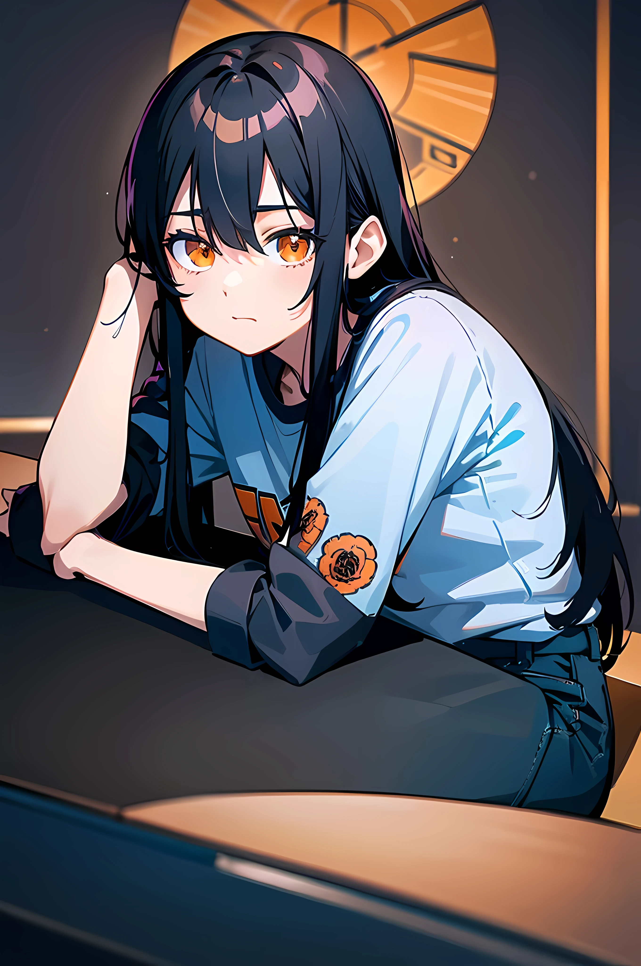 (8K Ultra High-Quality) (Masterpieces) (Image) (人物: Rimuru) 1 Girl  old, Long Black hair, Orange eyes colors, wearing Rock T-shirt written Gun N Roses on front, wearing Jean, background in Scient classroom in High School, sitting at table looking at viewer with boring face.